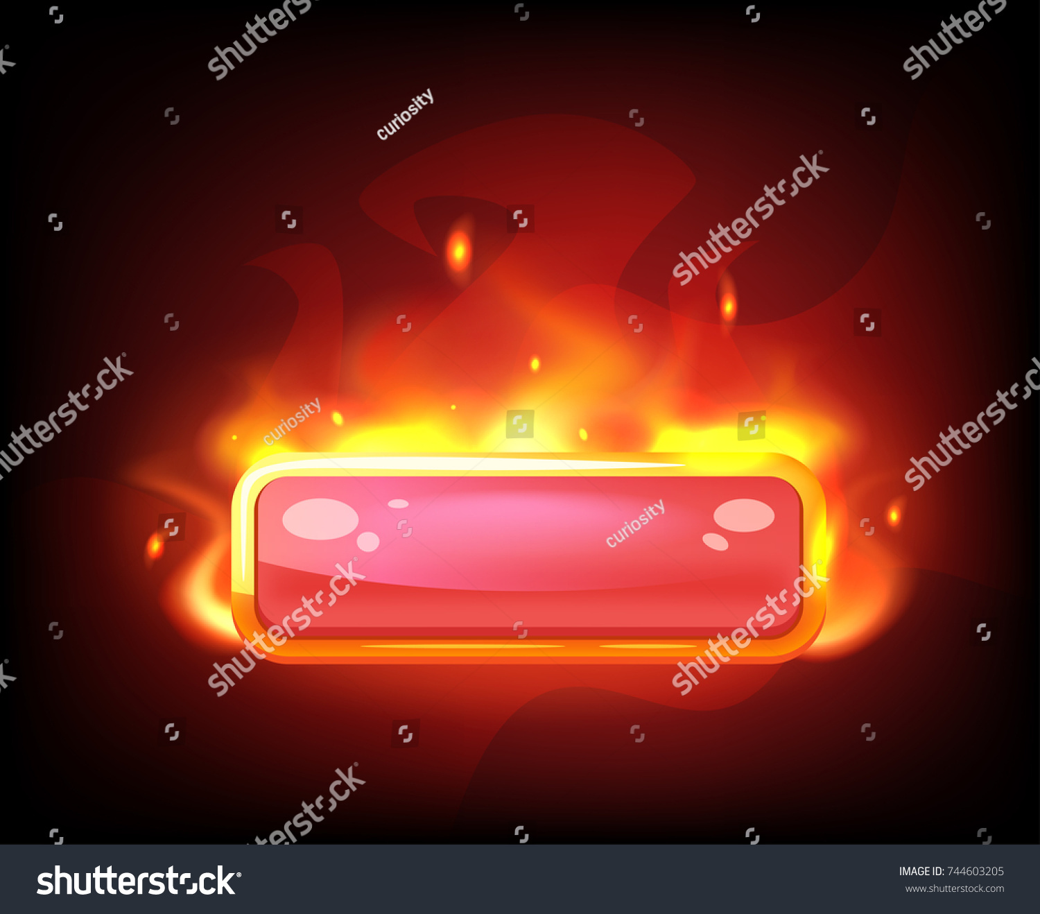 Vector cartoon style illustration of game long fiery red button. Game user interface (GUI) element for video games, computer or web design. Options selection window.  #744603205