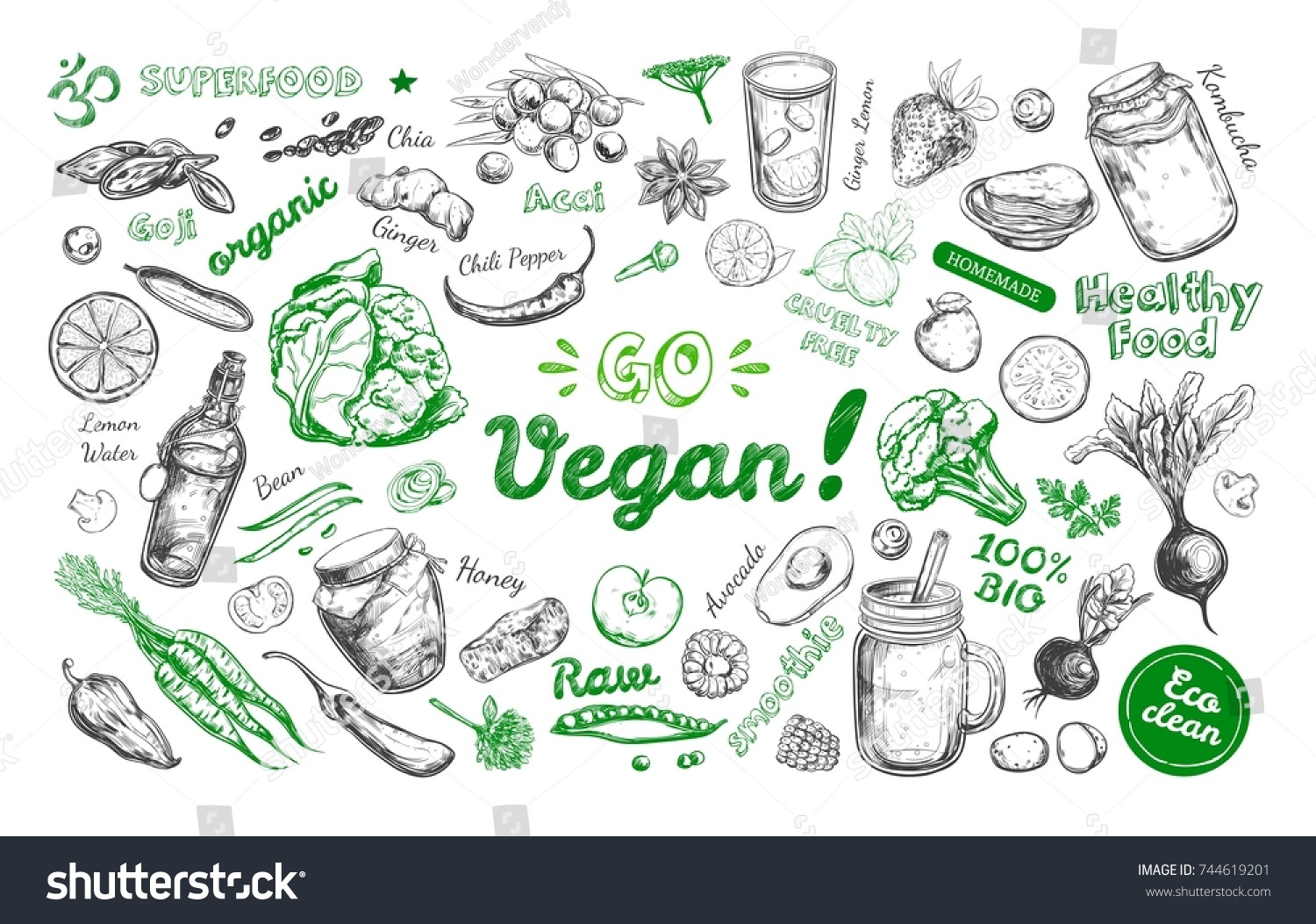 Go vegan. Healthy food. Vegetarian Big Set. Vector hand drawn isolated elements on white. Sketch style #744619201