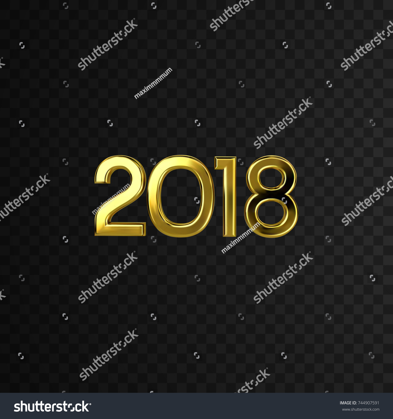 Happy 2018 New Year. Holiday Vector Illustration With Golden 2018 Numbers Isolated On Black Transparent Background. Decorative Element For Festive Design #744907591
