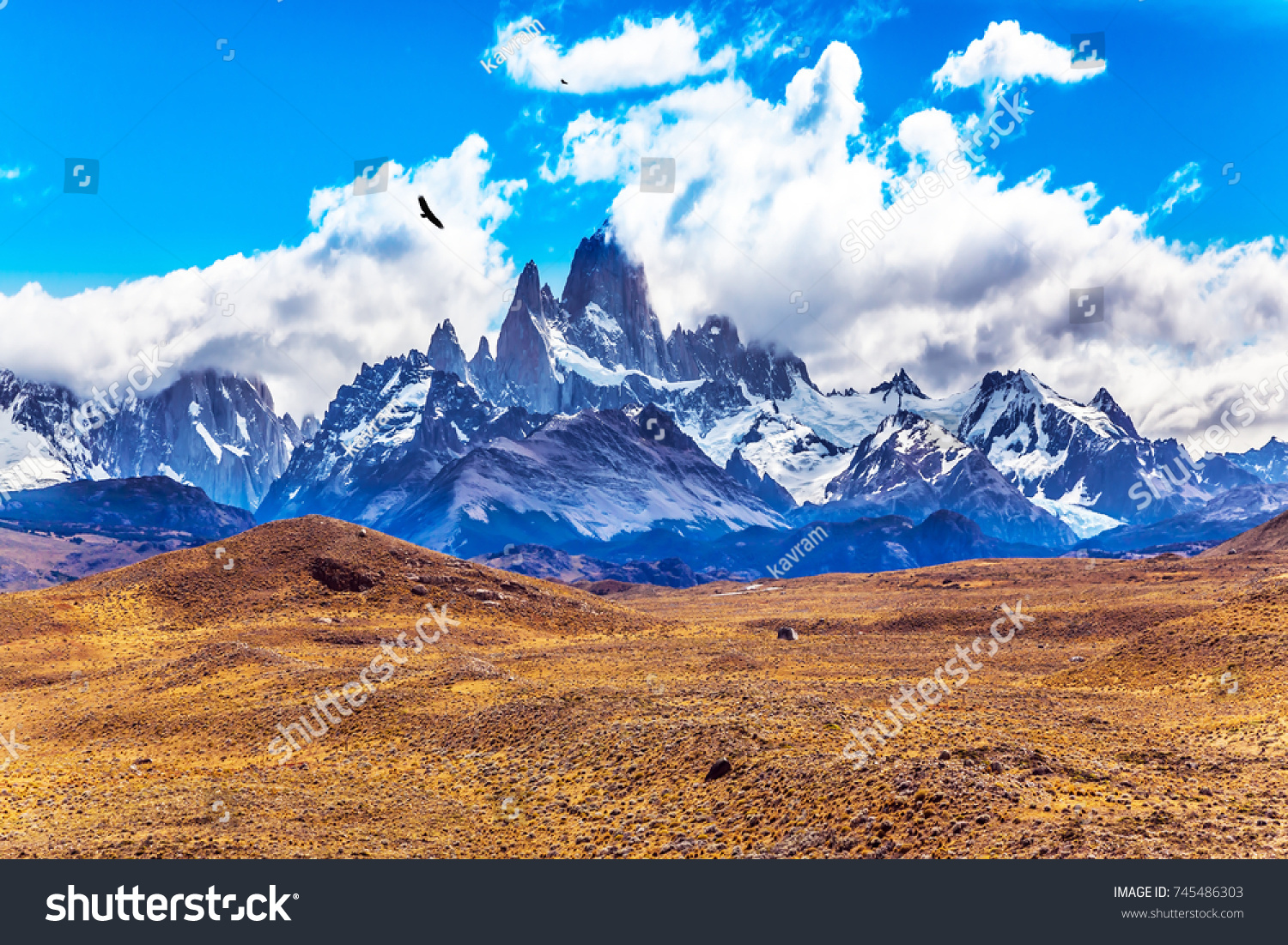Desert and mountains. The famous ridge Mount Fitz Roy and the Patagonian prairie. Argentine Patagonia. The concept of active and extreme tourism #745486303