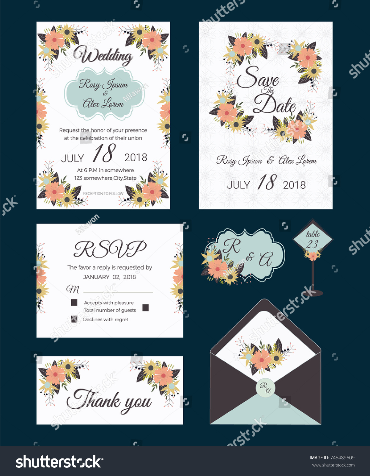 Vector set of invitation cards with  flowers elements Wedding collection #745489609