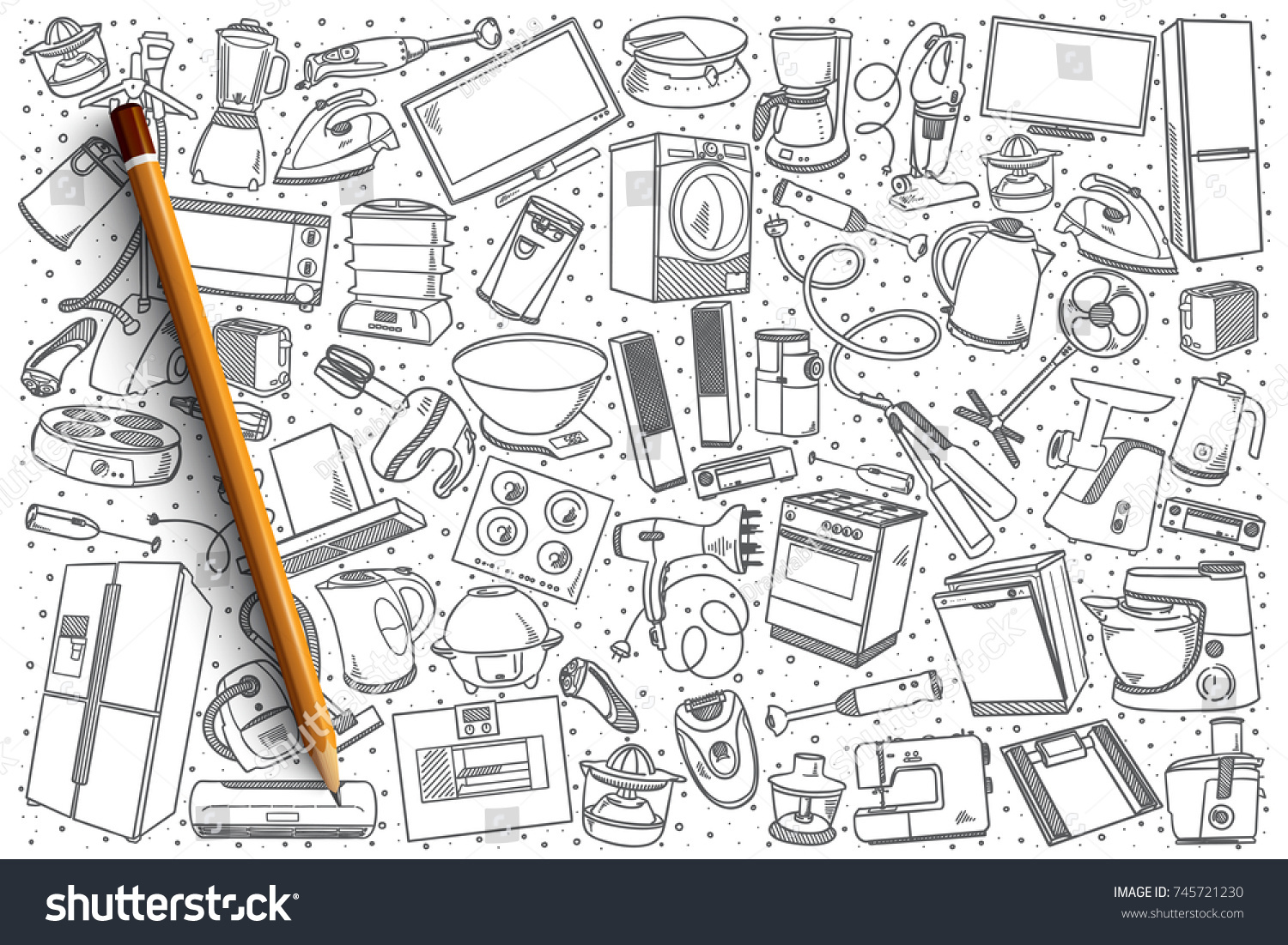 Hand Drawn Home Appliances Vector Doodle Set Royalty Free Stock Vector 745721230 8548