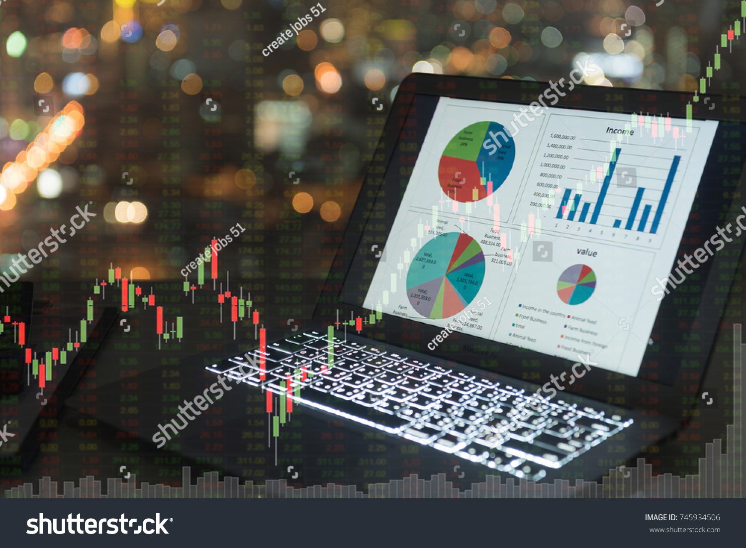 investment portfolio on screen laptop computer with index stock market and chart with uptrend stock market graph. #745934506