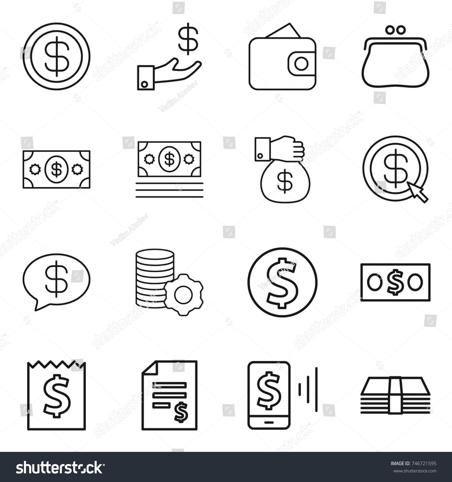 thin line icon set : dollar, investment, wallet, purse, money, gift, arrow, message, virtual mining, coin, receipt, account balance, mobile pay #746721595