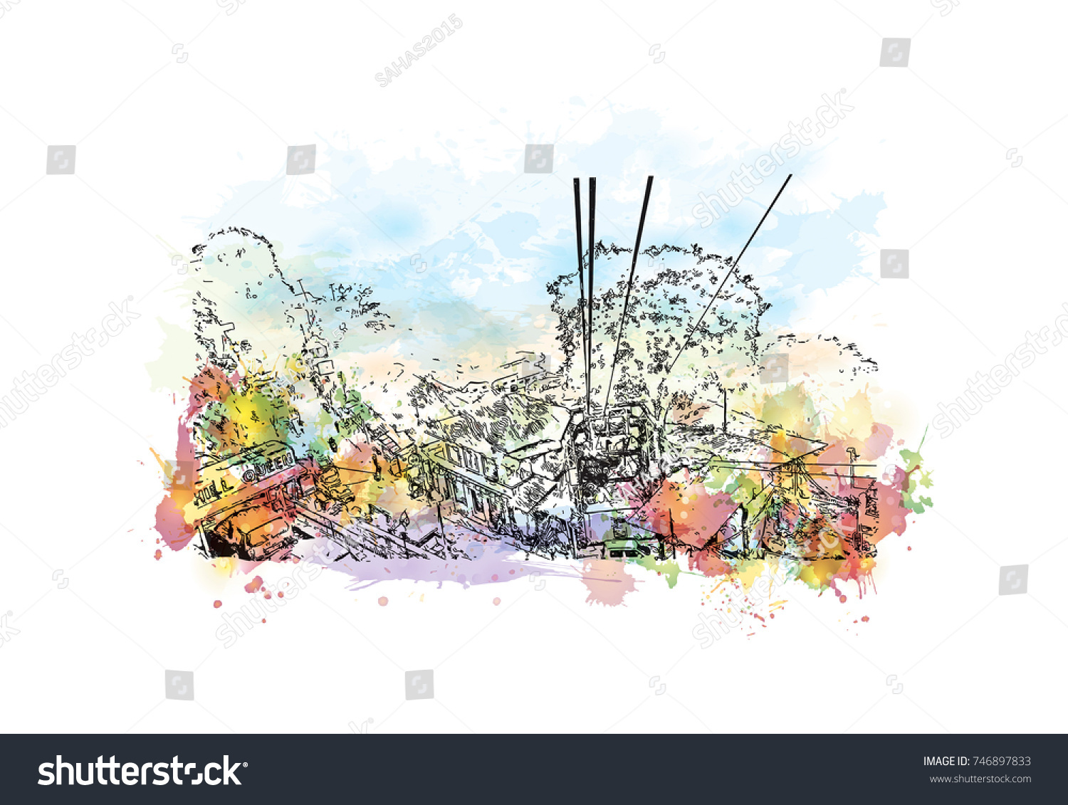 Watercolor sketch with splash of Mussoorie - Royalty Free Stock Vector ...