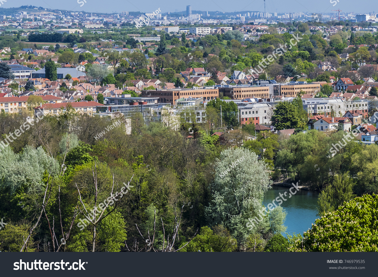 Beautiful view of valley of Seine River from lookout near Chateau de Saint-Germain-en-Laye in city Saint-Germain-en-Laye (13 miles west of Paris), France. #746979535