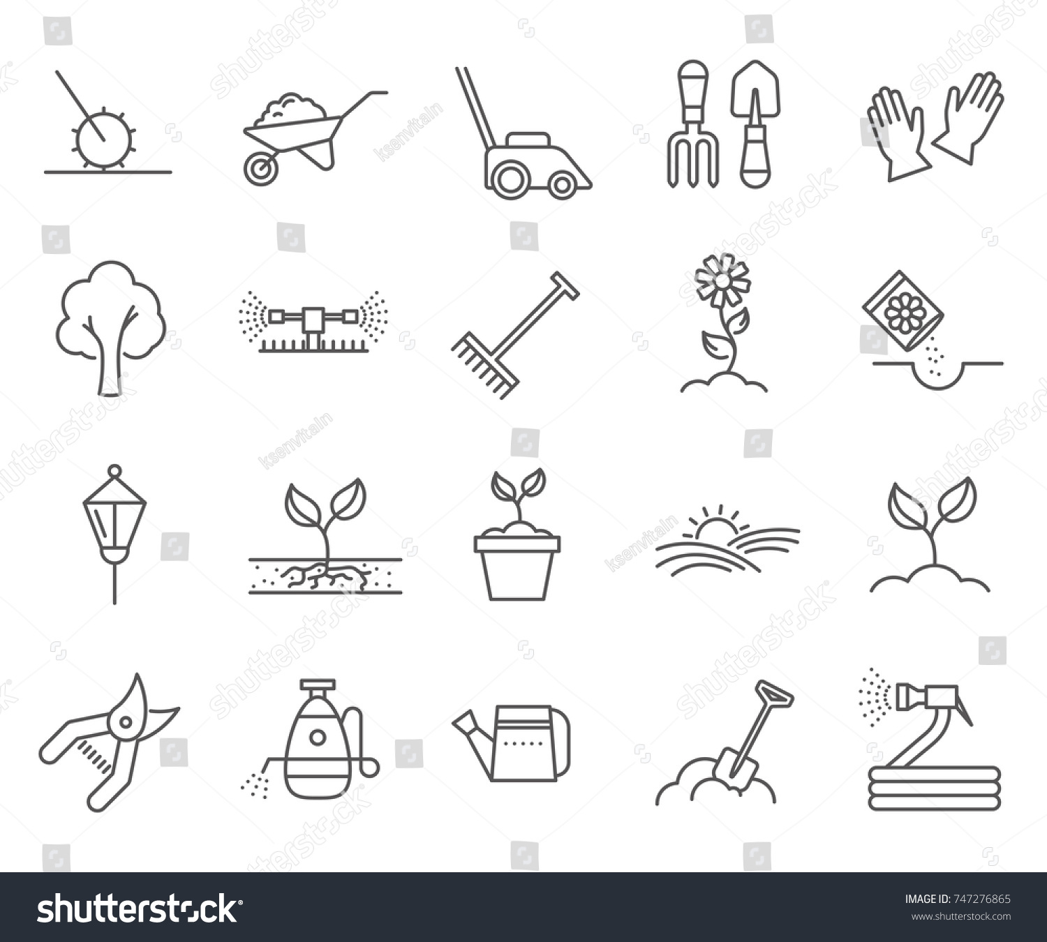 Set of landscaping Related Vector Line Icons. Includes such Icons as plants, horticulture, lawn, trees, gardening and more. #747276865