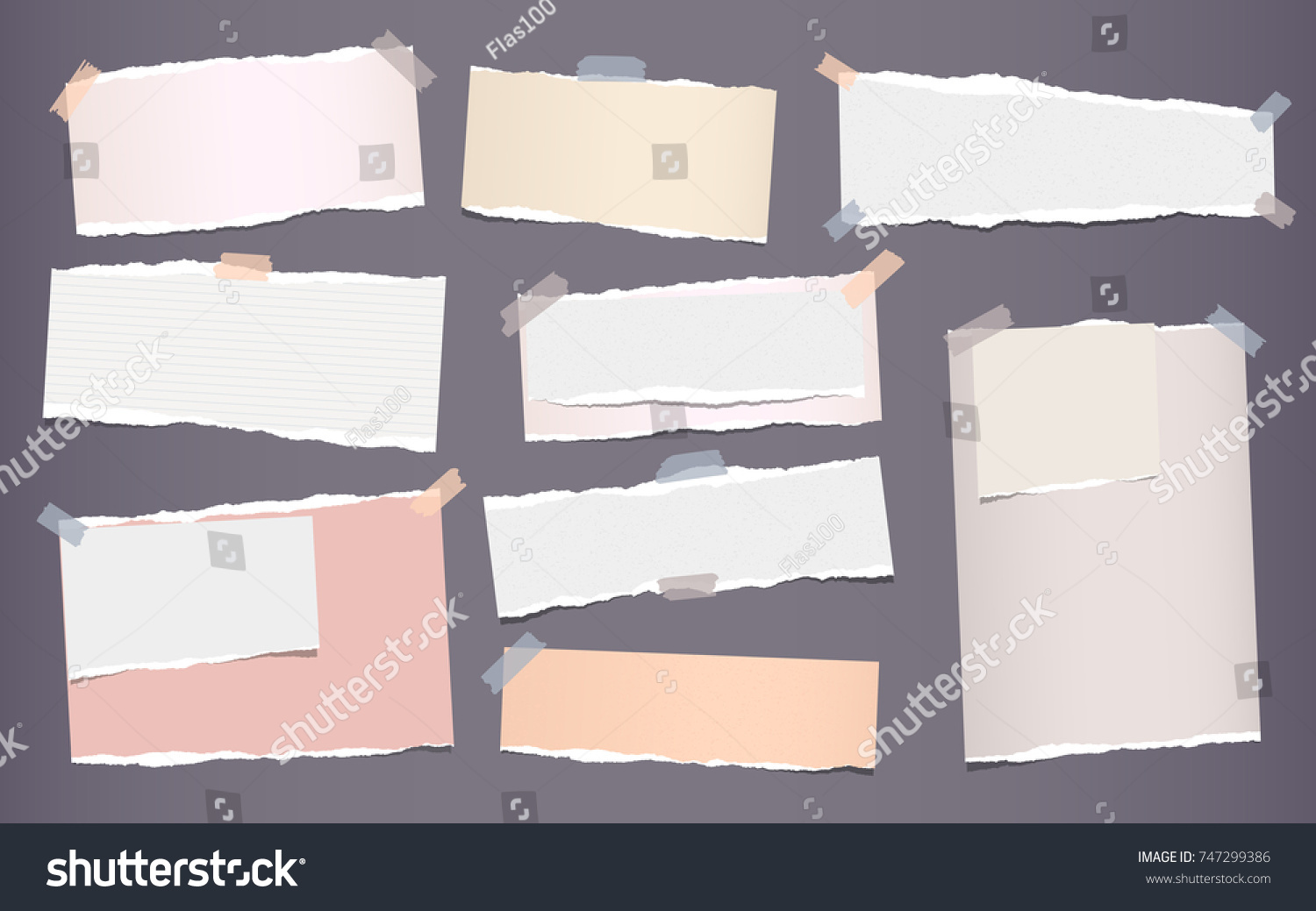 White and colorful ripped strips, notebook, note paper for text or message stuck with sticky tape on gray background. #747299386