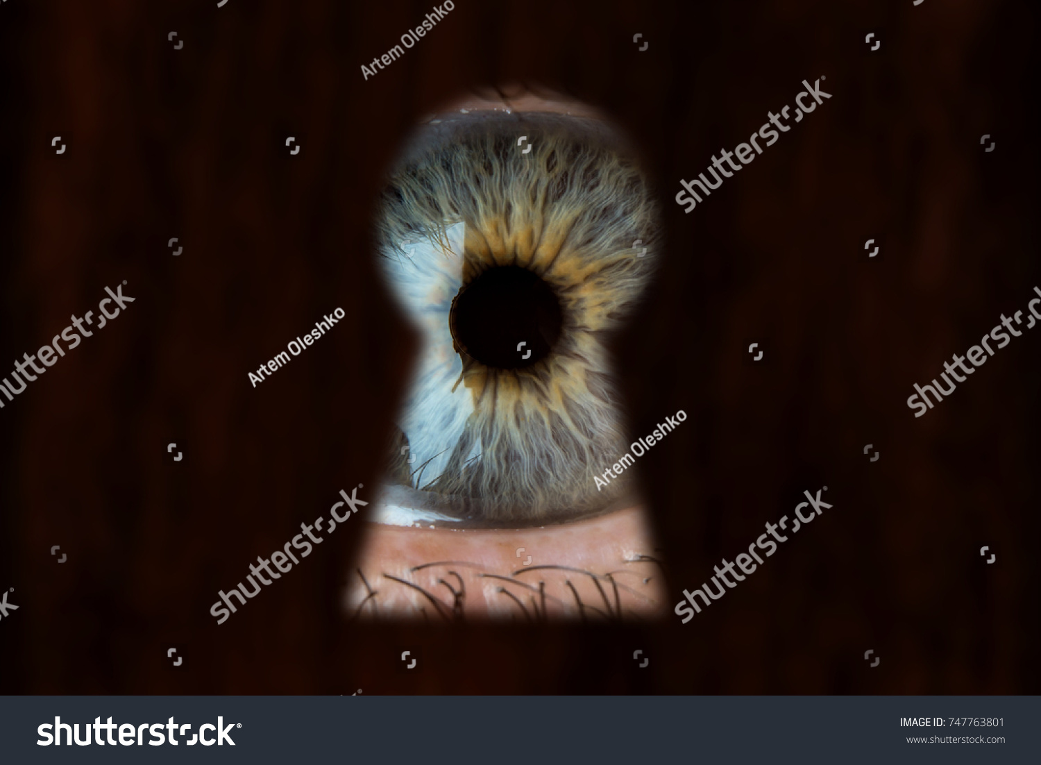 Male blue eye looking through the keyhole. The concept of voyeurism, curiosity, Stalker, surveillance and security #747763801