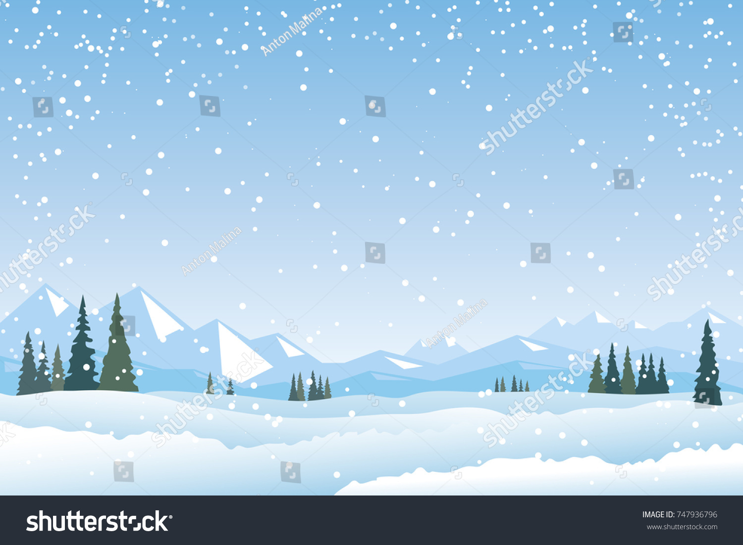 Winter Landscape, Snow Mountains, Fir Trees Forest, Fields. Snowfall vector scene. Mountain view. Winter Holidays background, banner or greeting card template. #747936796
