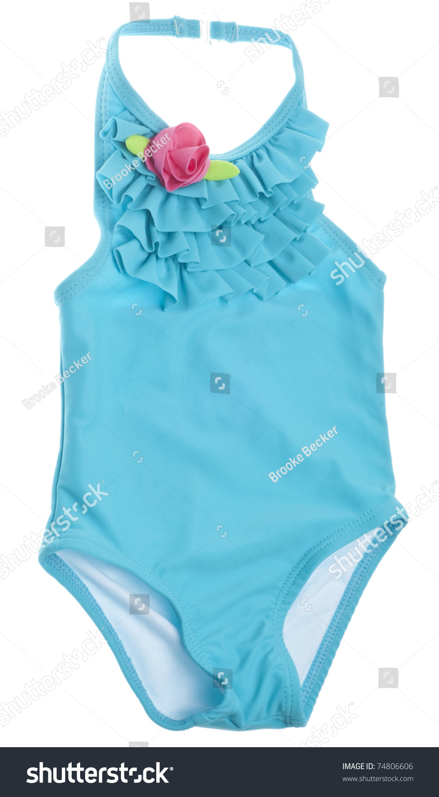 Blue Summer Bathing Suit with Pink Rose Isolated on White with a Clipping Path. #74806606