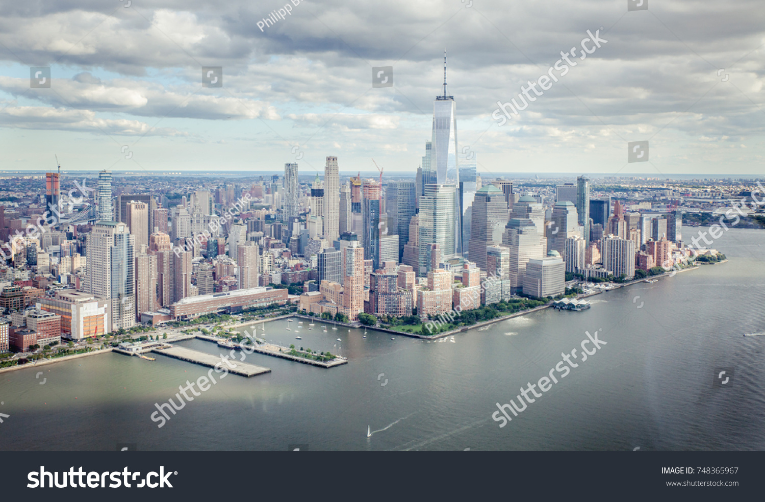 Top view on lower Manhattan from a tourist helicopter view #748365967