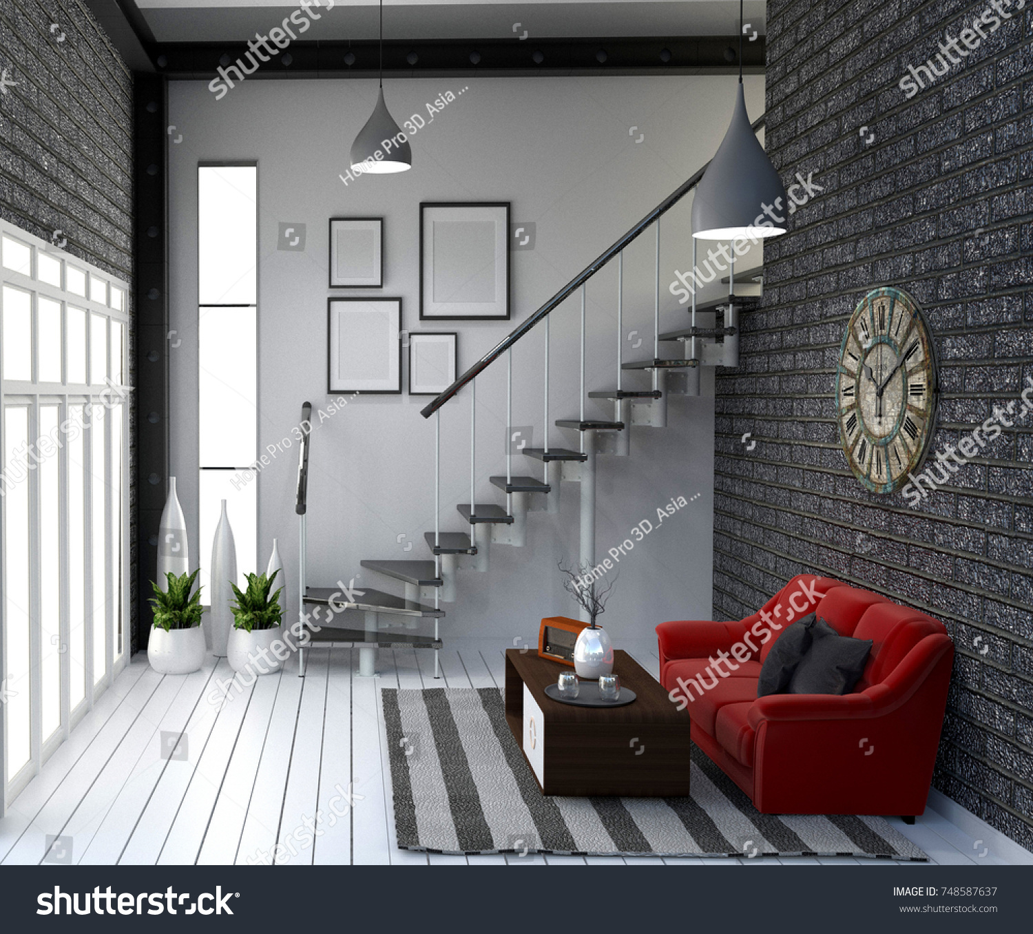 Modern loft style living interior design. 3d rendering #748587637