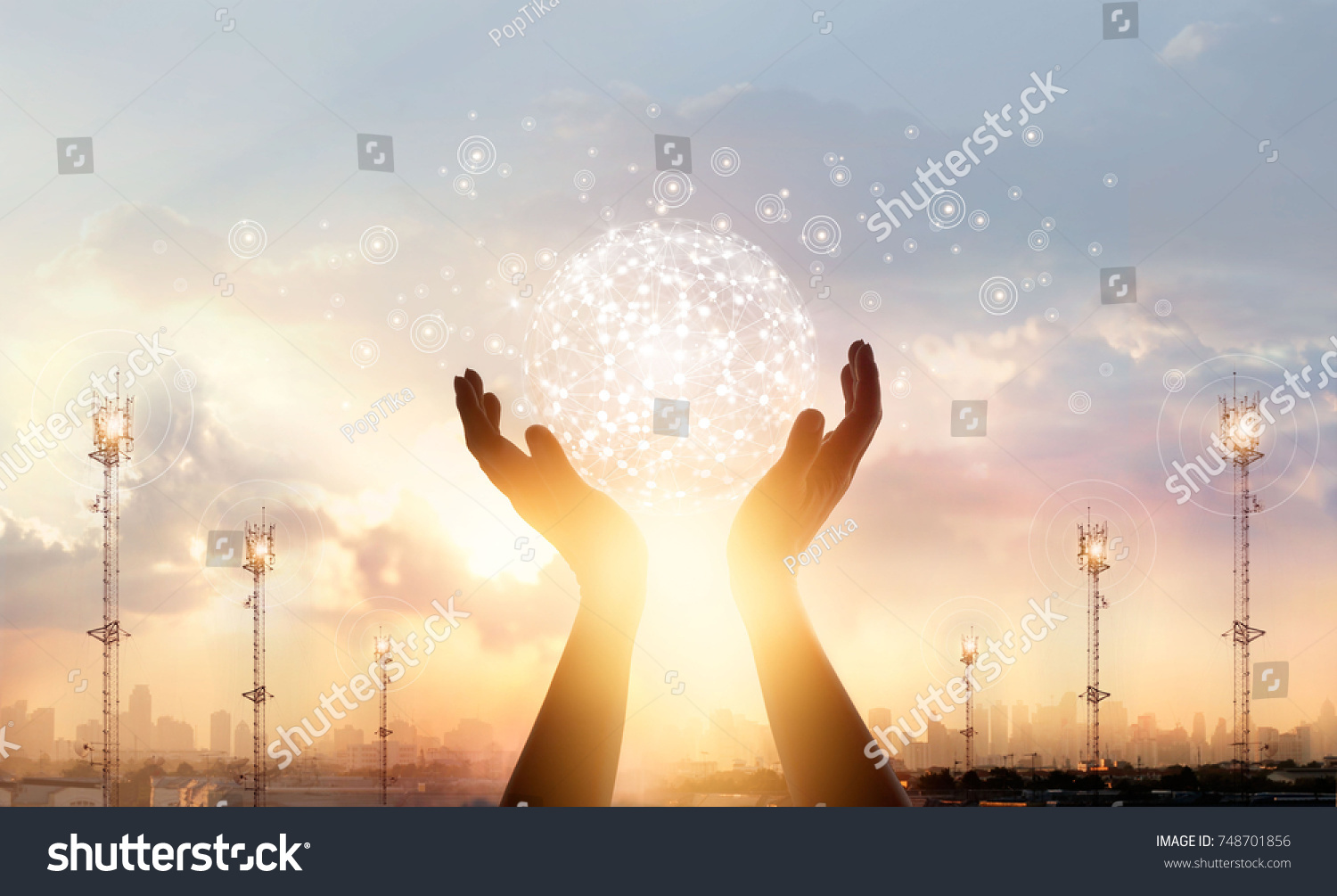 Abstract science. Businessman touching circle global network connection and data exchanges worldwide on city sunset background. Networking and technology concept  
 #748701856