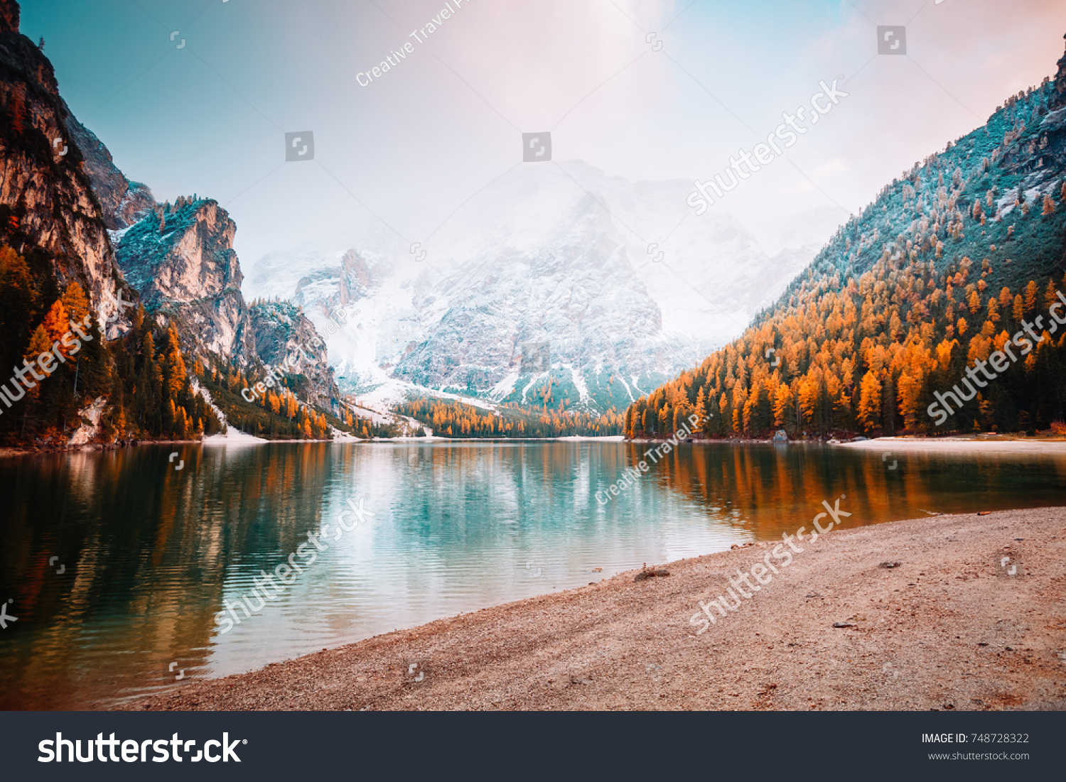 Scenic image of alpine lake Braies (Pragser Wildsee). Location place Dolomiti national park Fanes-Sennes-Braies, Italy, Europe. Great picture of wild. Explore the beauty of earth. Tourism concept.  #748728322