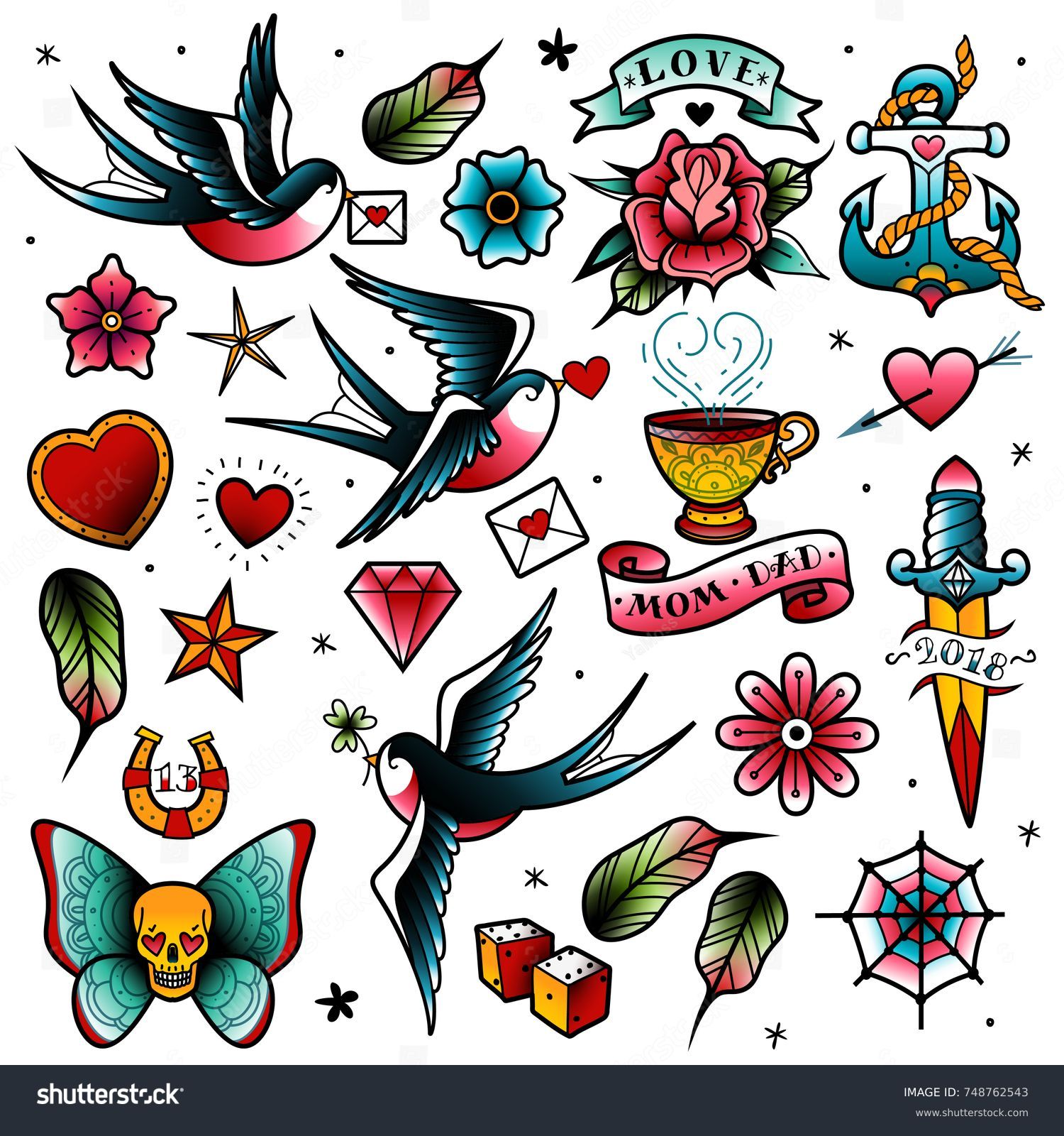 Old tattooing school colored icons set with swallow rose heart cup of tea knife anchor skull nautical knot symbols isolated vector illustration #748762543