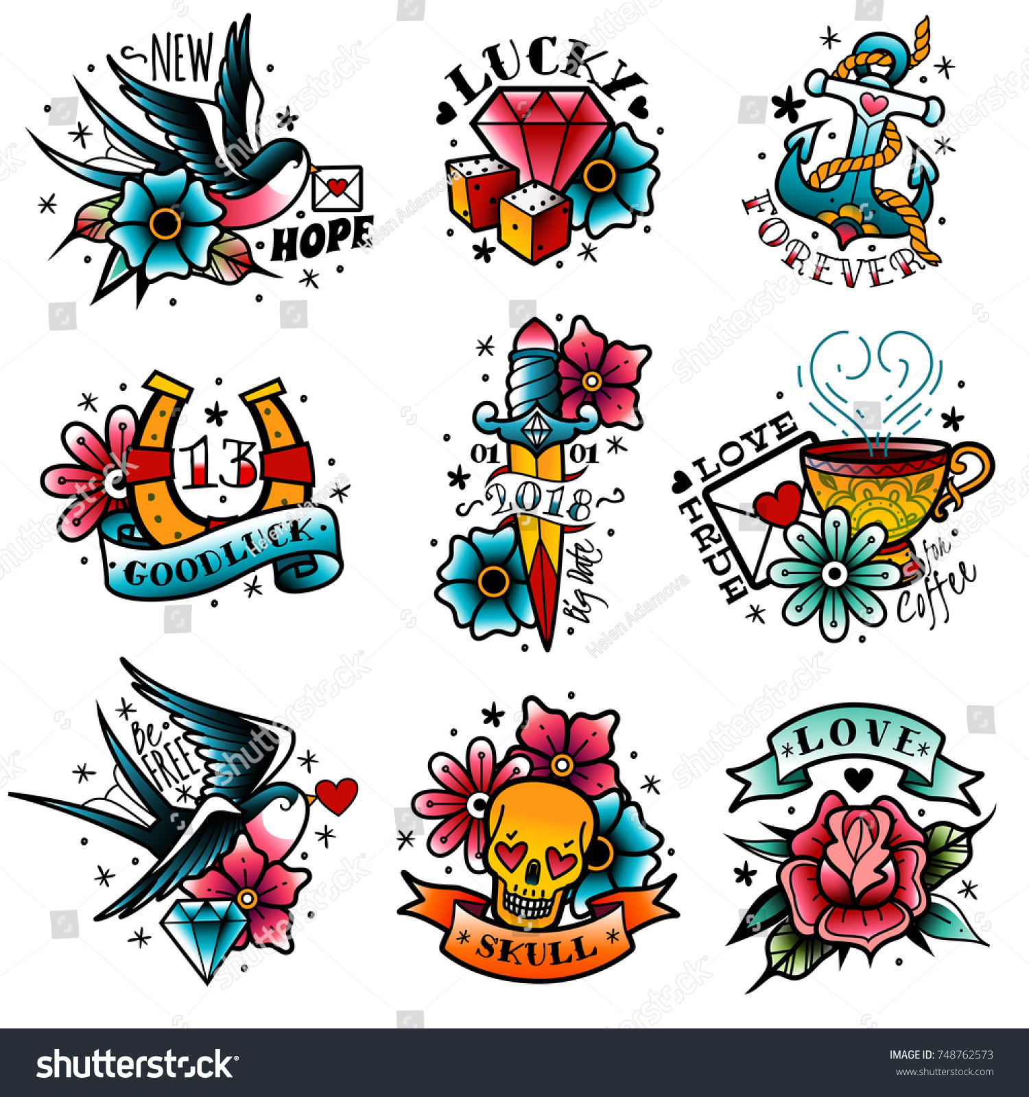 Old tattooing school colored emblems labels set with swallow rose heart cup of coffee knife anchor skull symbols isolated vector illustration #748762573