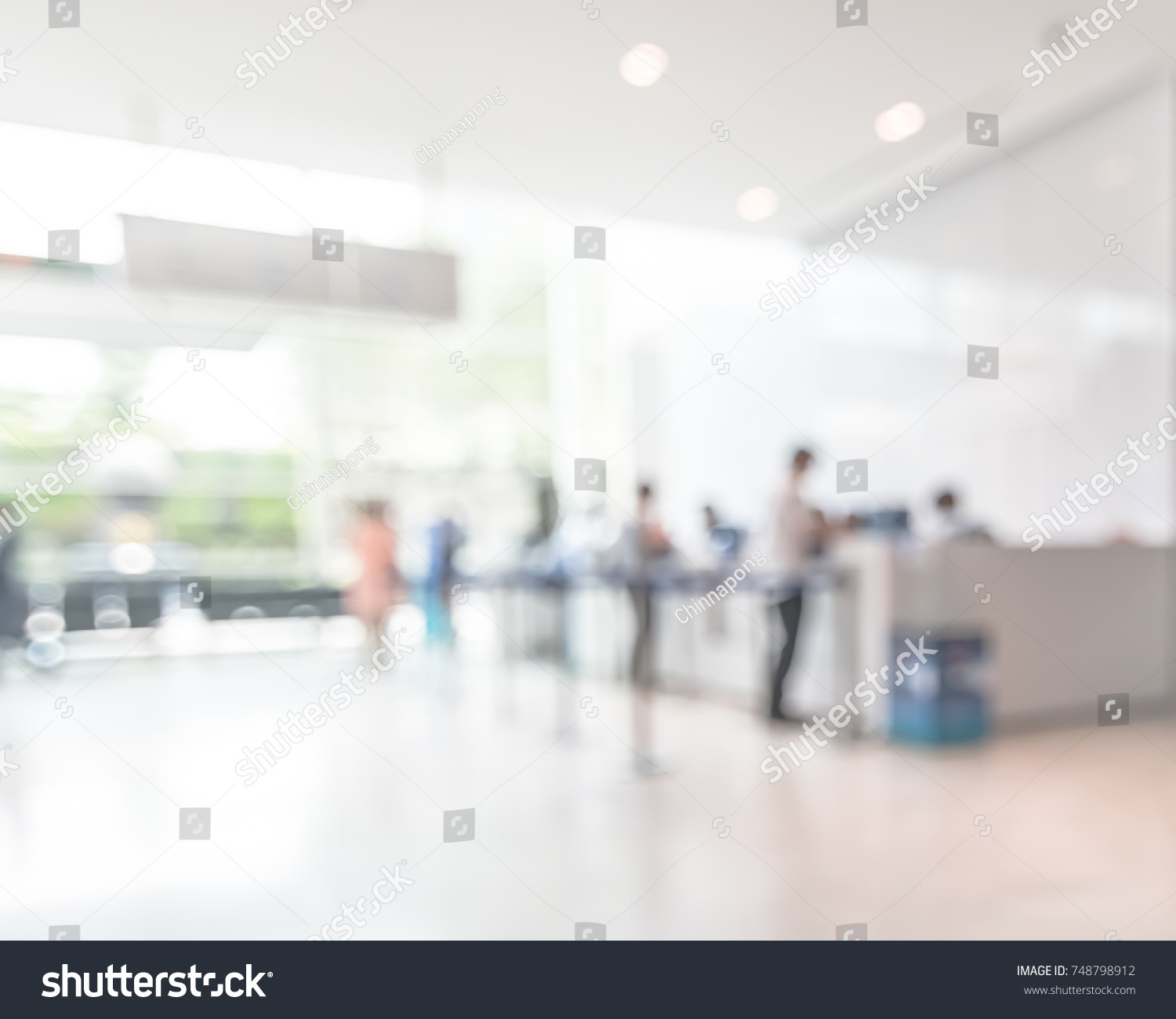 Business office building lobby blur background of bank reception hall customer or patient counter service and cashier desk inside blurry hospital, office or hotel waiting hall #748798912