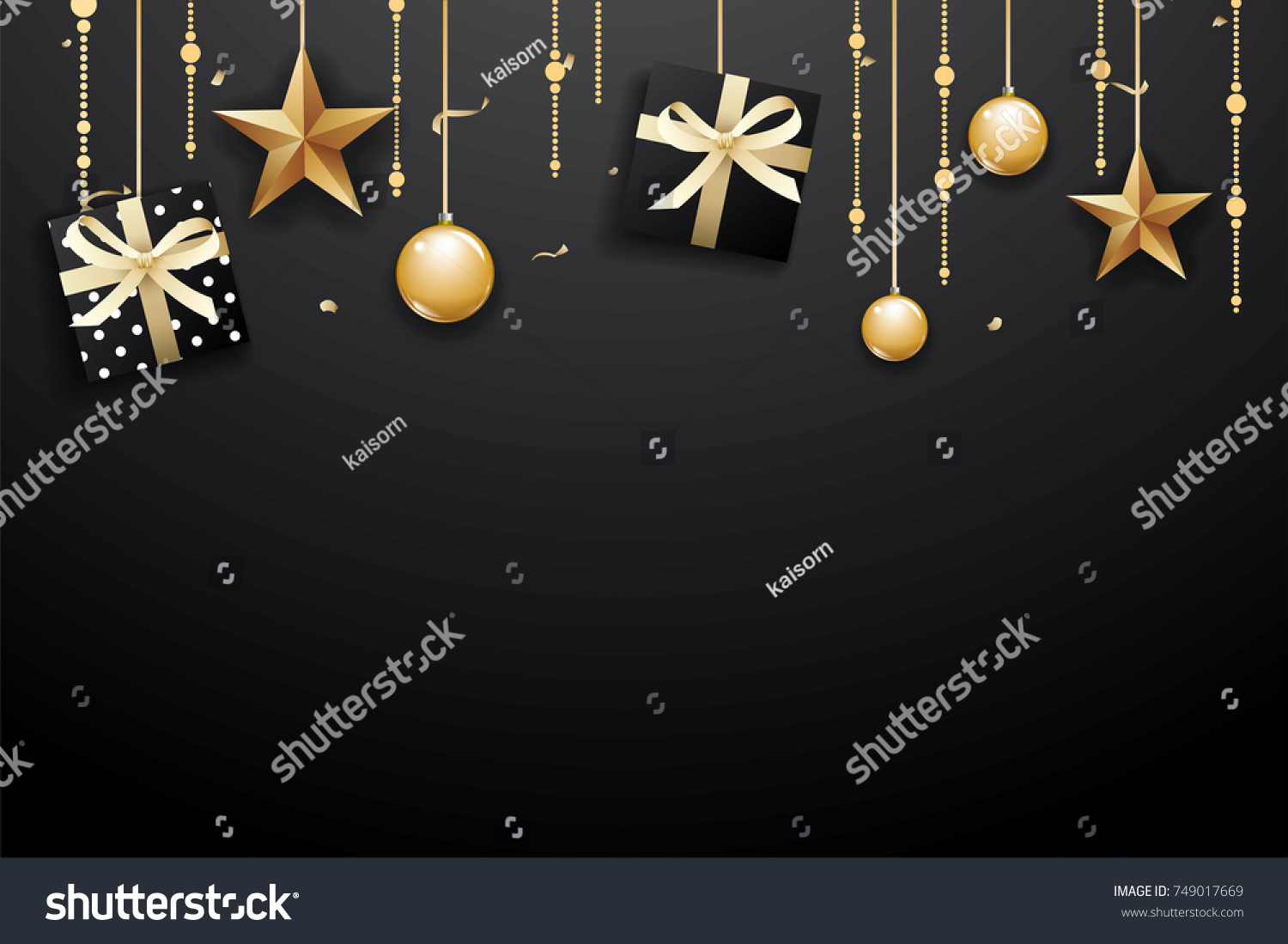 Merry christmas and happy new year on dark background with luxury gold ball, gift box, and star. #749017669