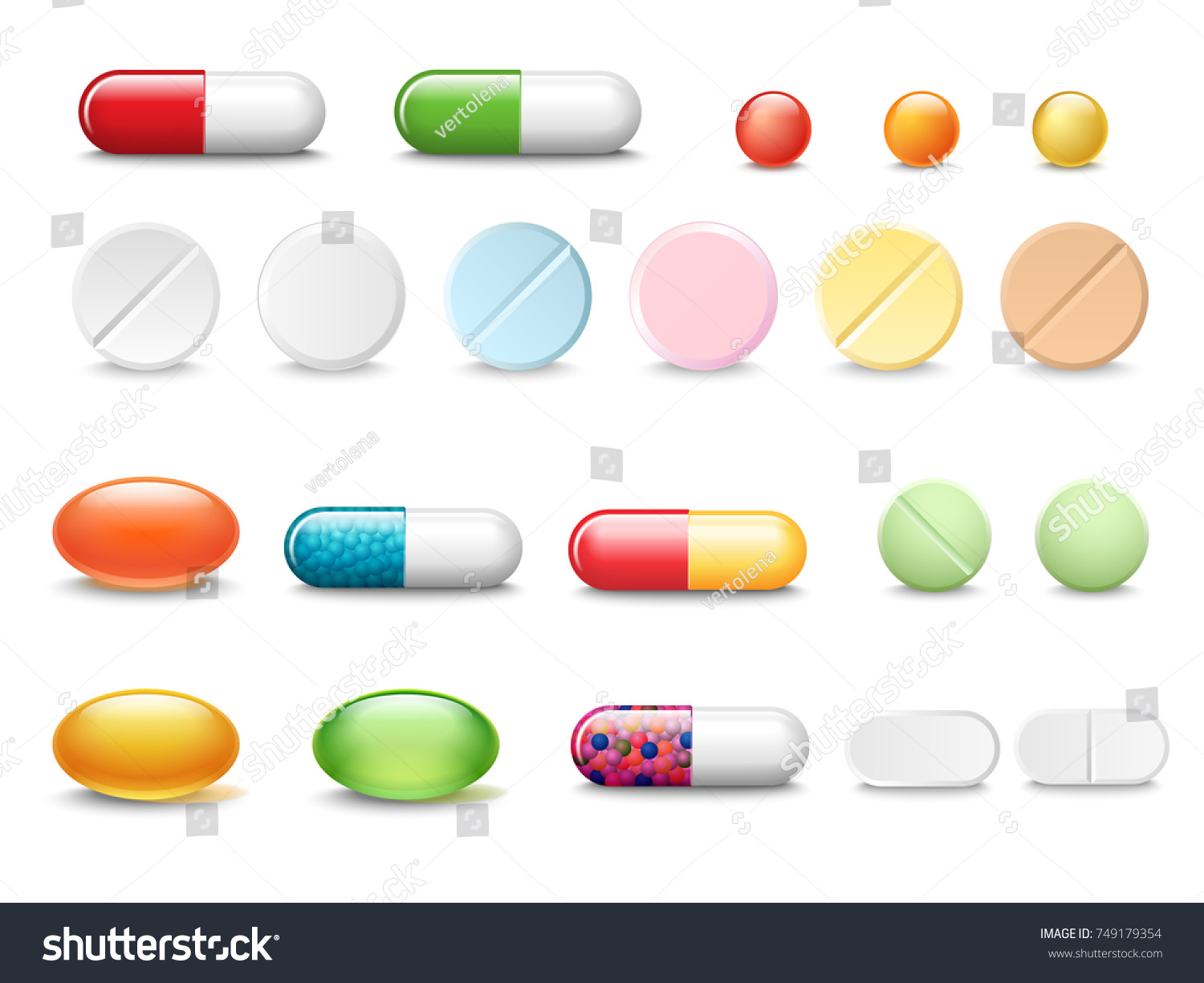 Set of vector realistic pills and capsules isolated on white background. Medicines, tablets, capsules, drug of painkillers, antibiotics, vitamins. Healthcare medical and vector illustration. #749179354