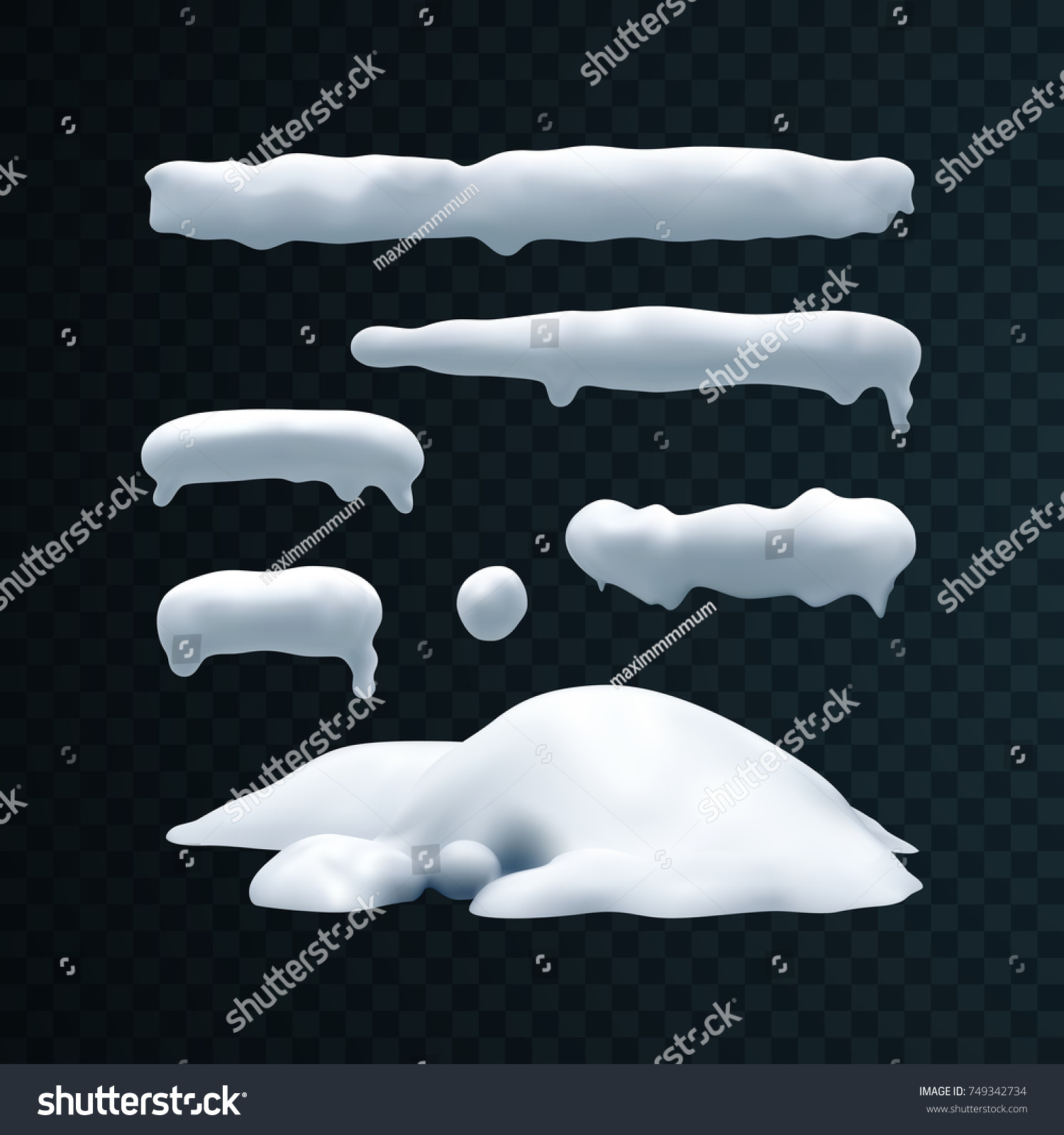 Vector set of snow caps, icicles, snowball and snowdrift isolated on transparent background. Winter decorations. Seasonal elements for design #749342734