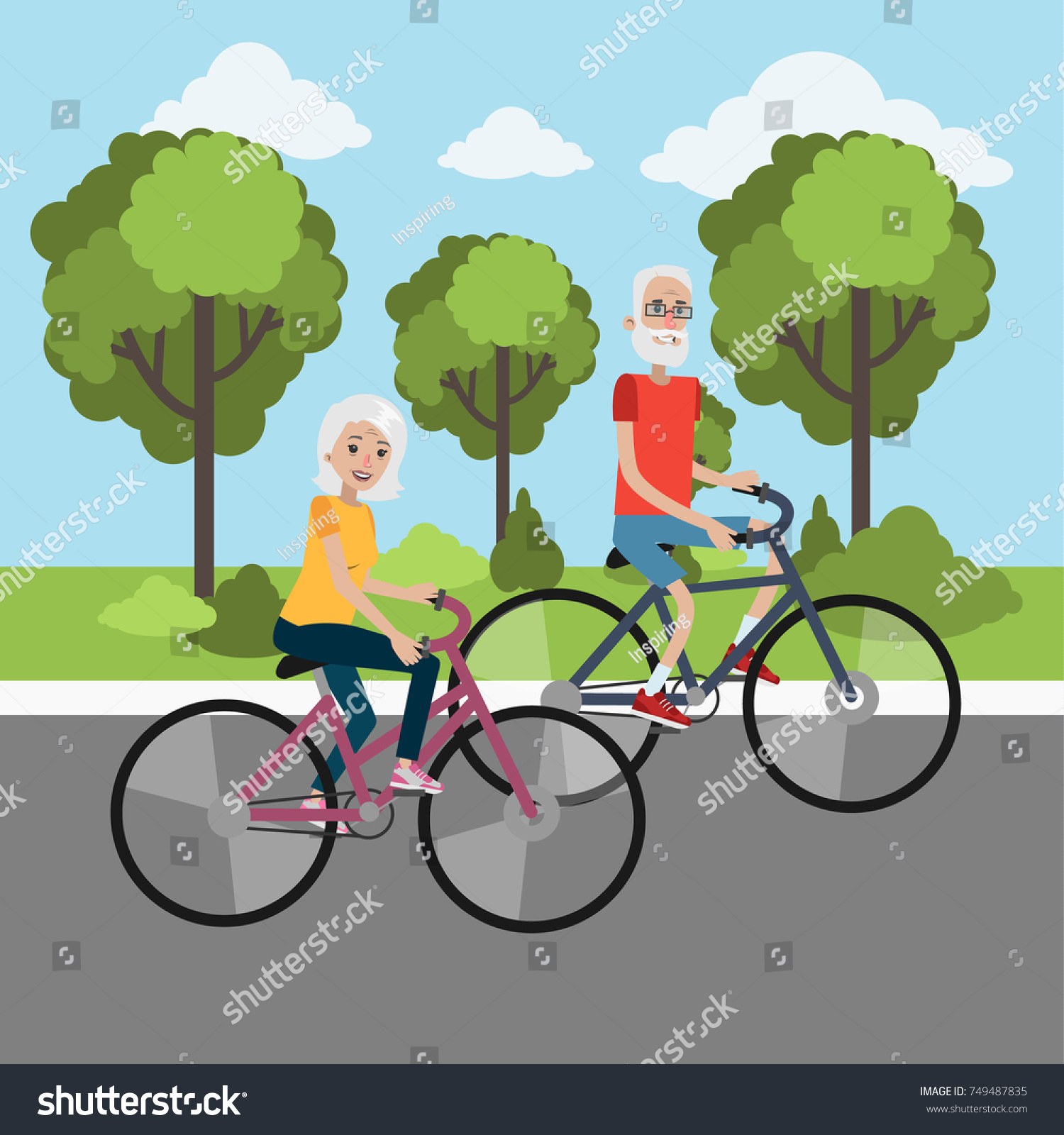 Happy elderly couple cycling in the green park. #749487835