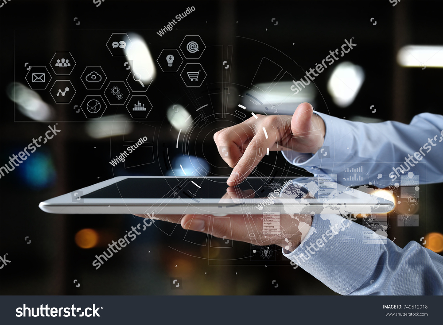 Futuristic virtual screen hologram. Business internet and technology concept. Modern computer. VR. Virtual reality. #749512918
