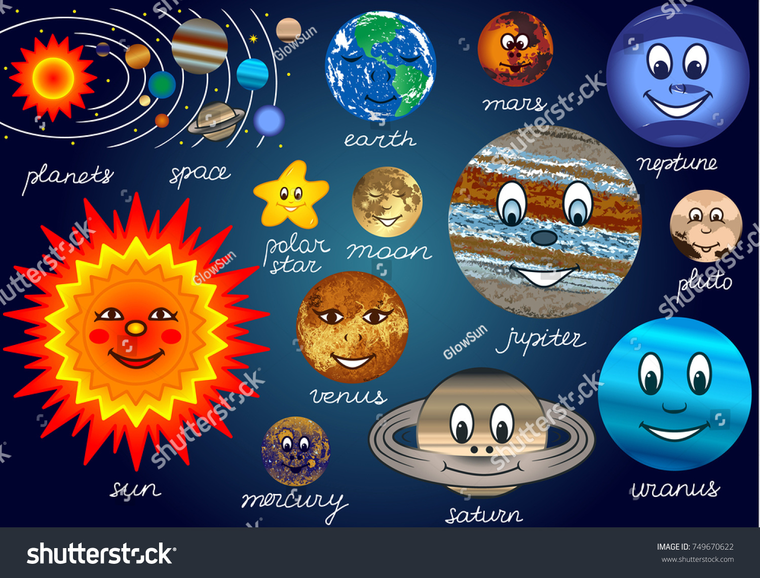 Smileys Planets Vector Cute Colored Illustration - Royalty Free Stock 