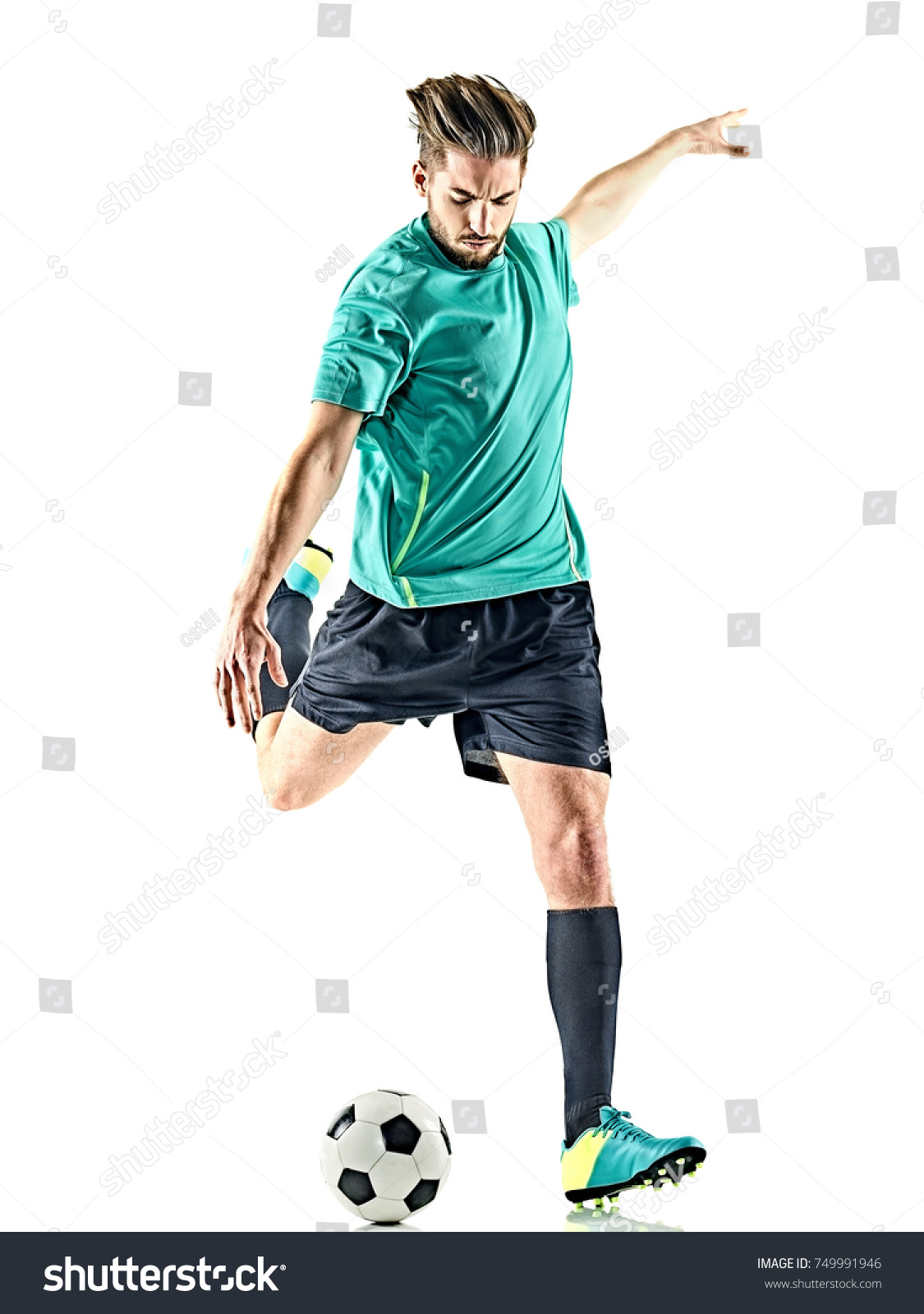 one caucasian soccer player man isolated on white background #749991946
