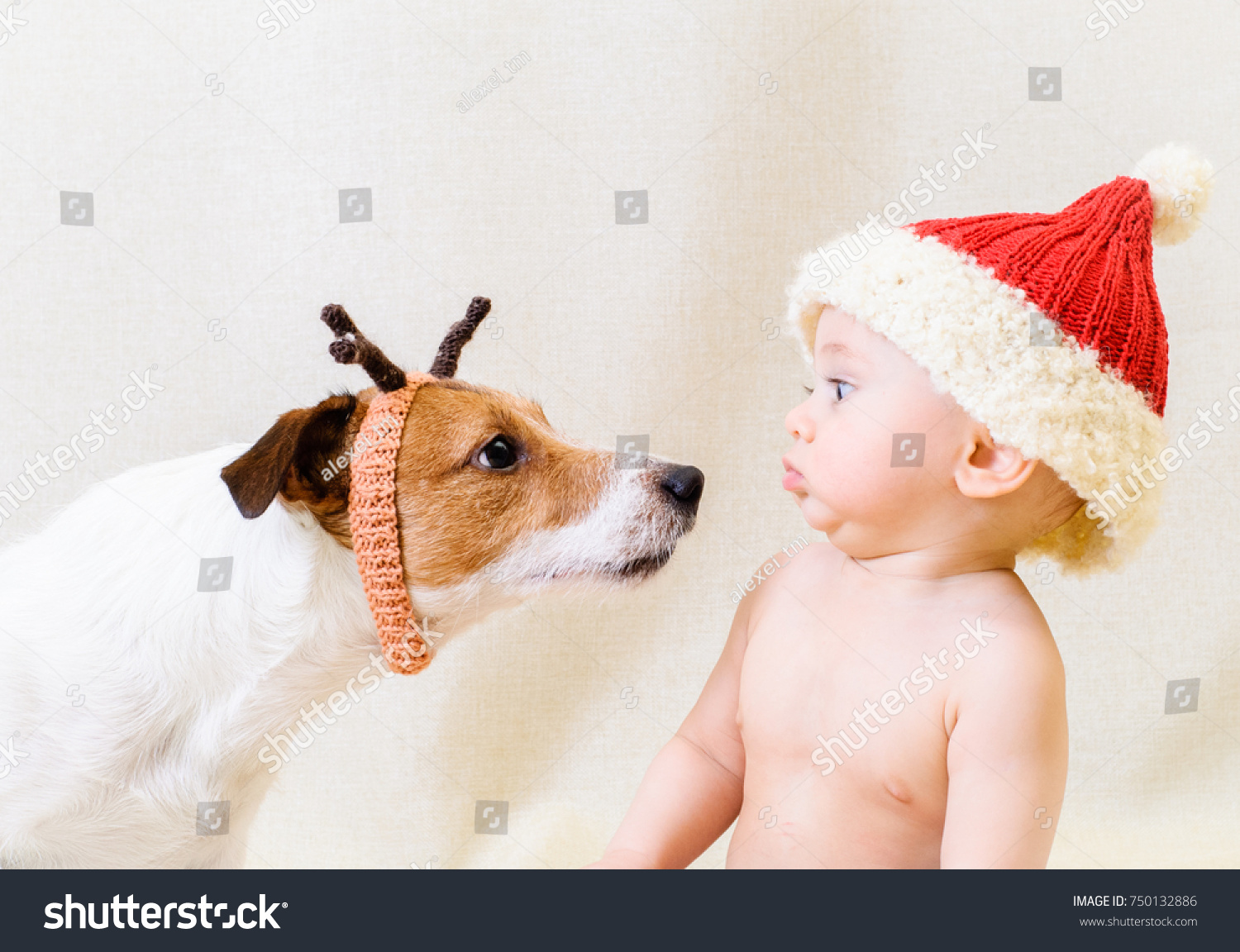 Amusing Santa Claus meets funny reindeer. Dog and kid wearing Christmas costumes  #750132886