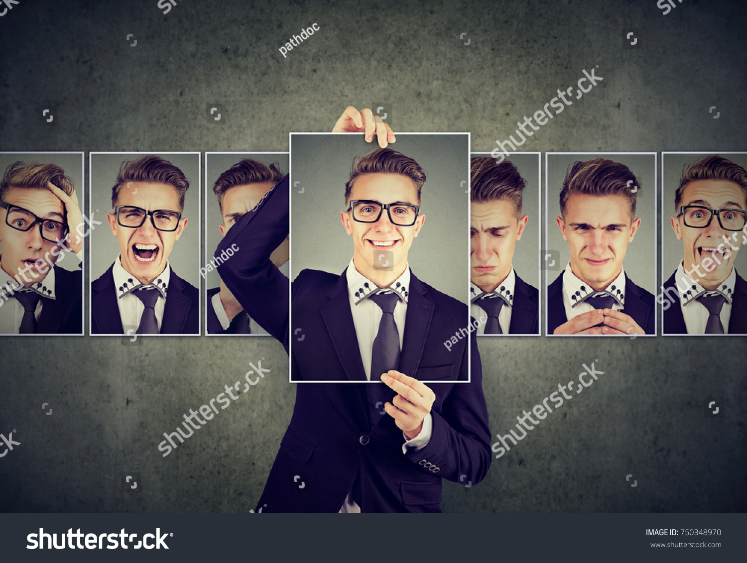 Positive masked man in glasses expressing different emotions  #750348970