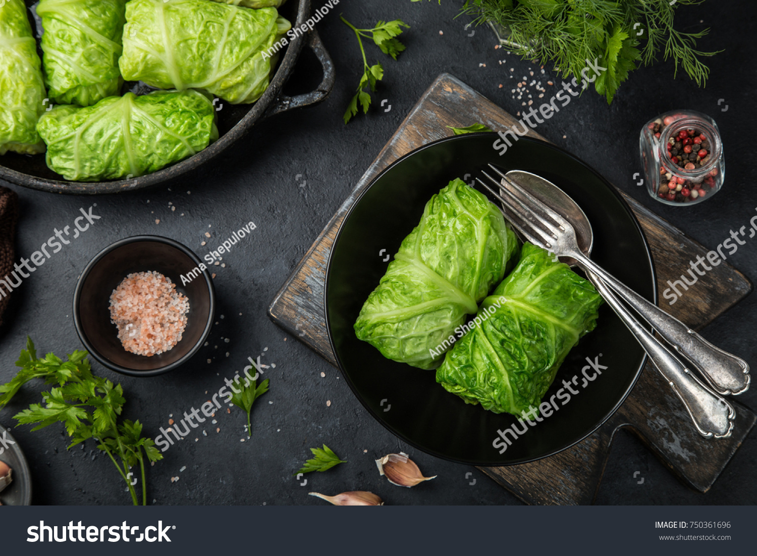 savoy cabbage rolls stuffed with meat and vegetables, top view #750361696