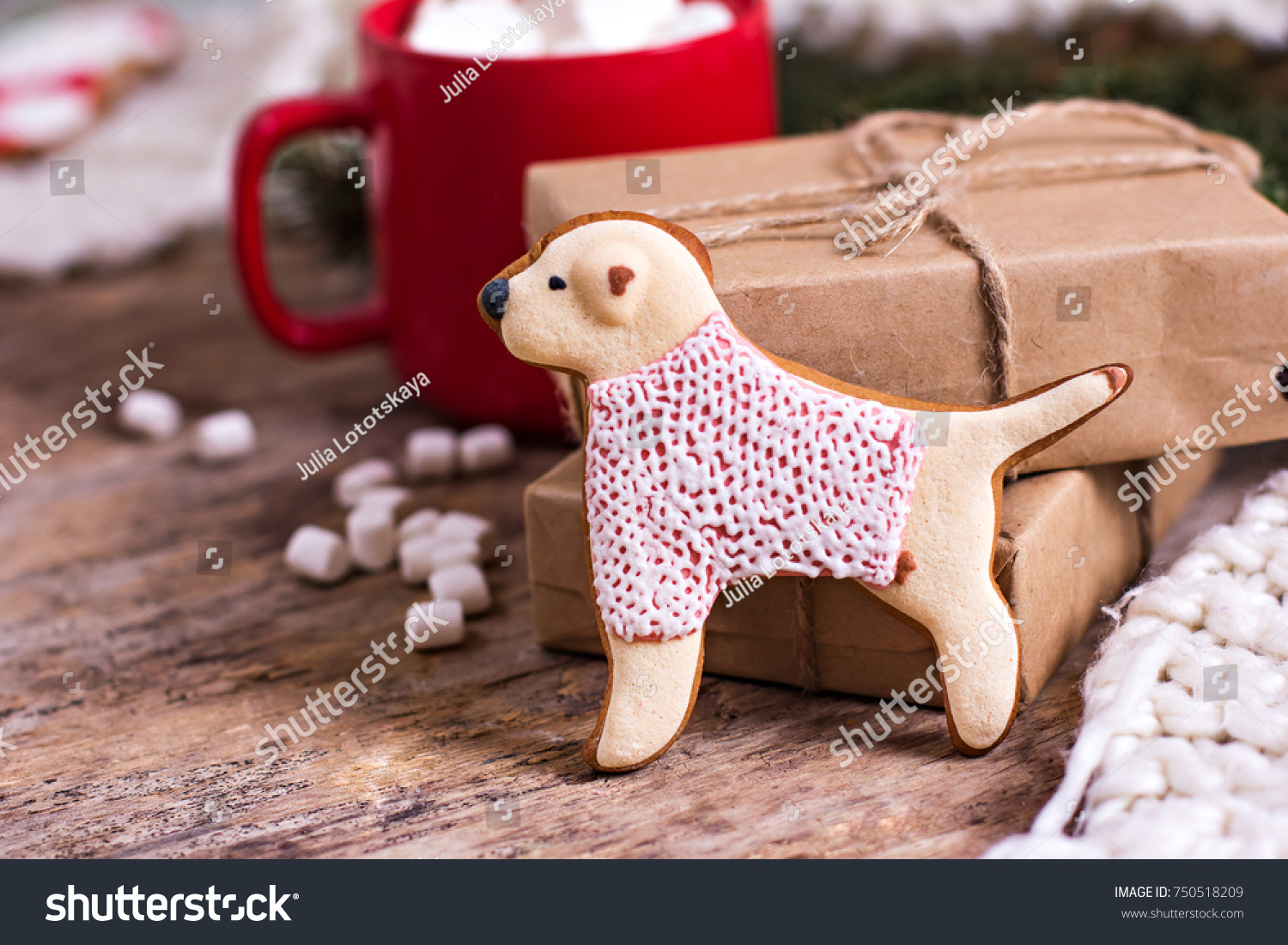 Christmas cookies. Christmas cookies with festive decoration.  Cookies in the shape of a dog. symbol of the year. Dog symbol of the year 2018 #750518209