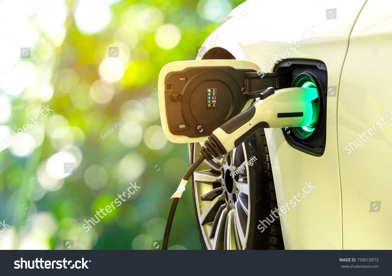 EV Car or Electric car at charging station with the power cable supply plugged in on blurred nature with soft light background. Eco-friendly alternative energy concept
 #750610873
