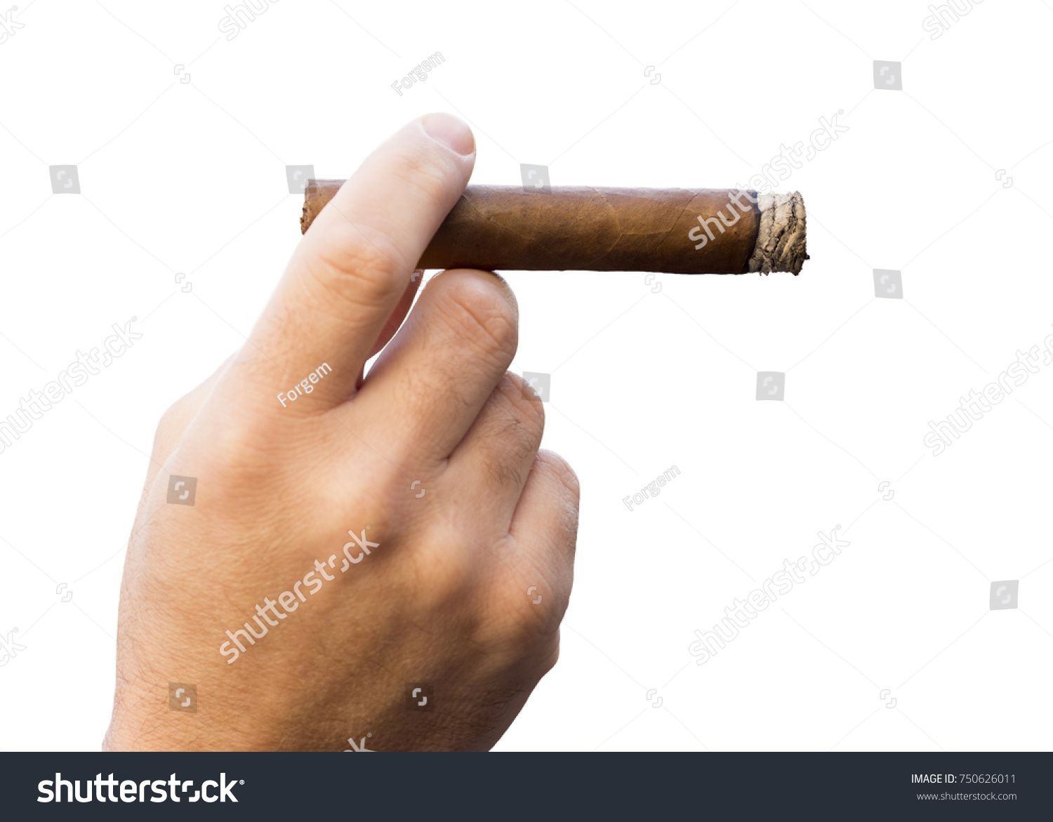 Detail of the hand of a smoking man holding a burning cigar, isolated on a white background #750626011