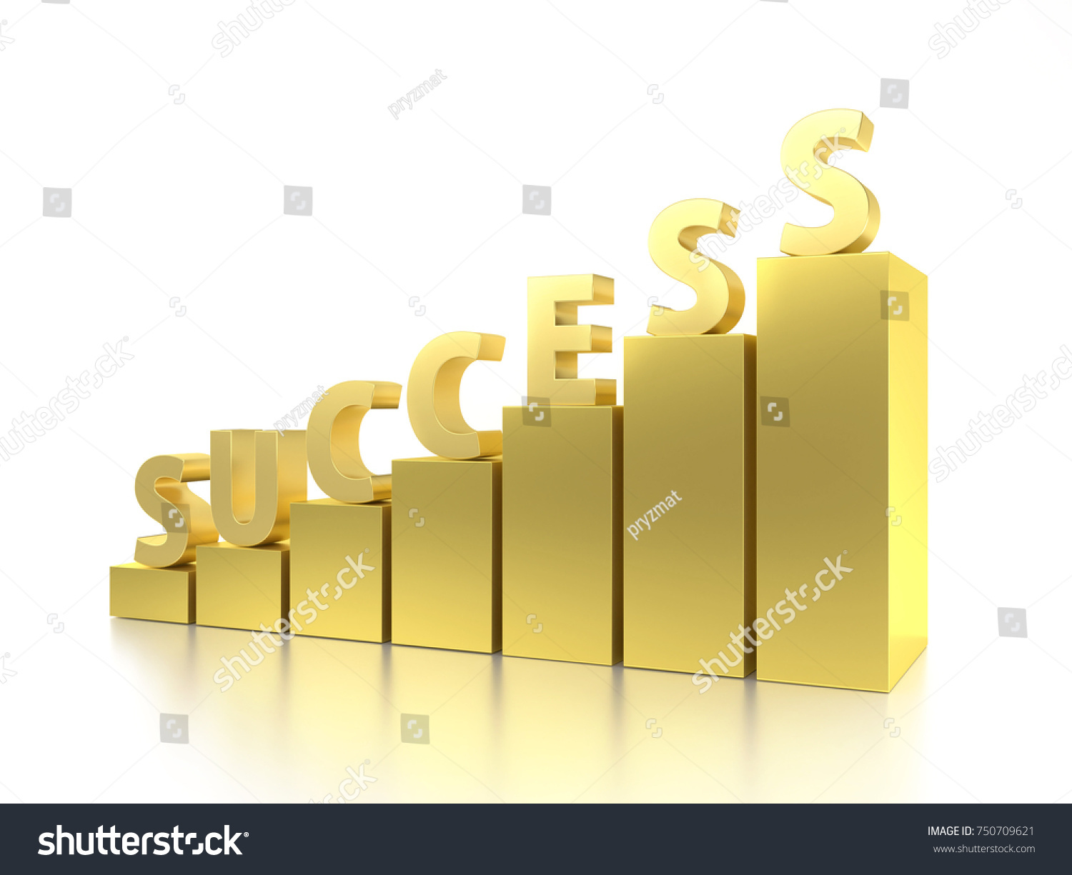 3D rendering of golden bar graph with Success word on top over white background #750709621