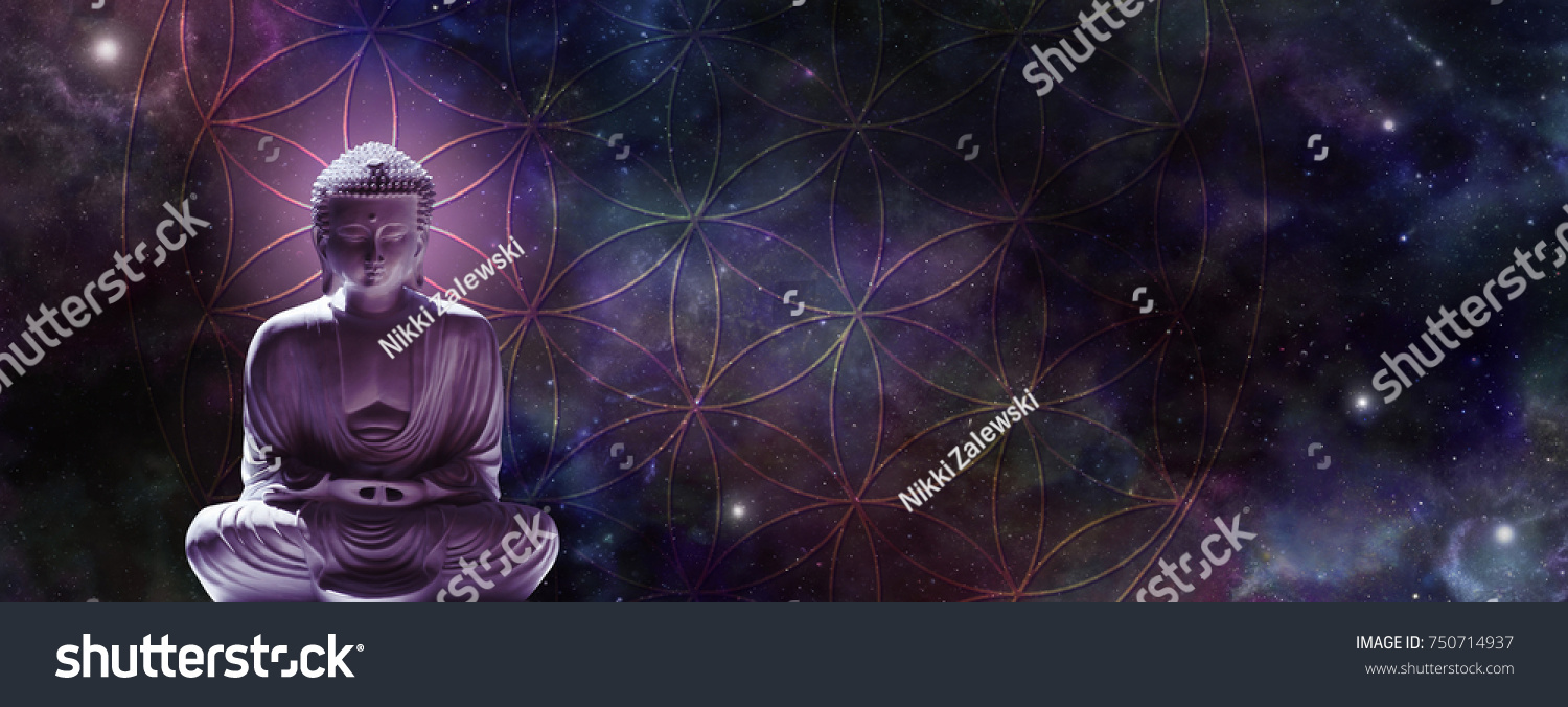 Cosmic Buddha meditating on the Flower of Life - Lotus position buddha on left with a magenta glow against a wide dark starry night background and the Flower of Life symbol
 #750714937