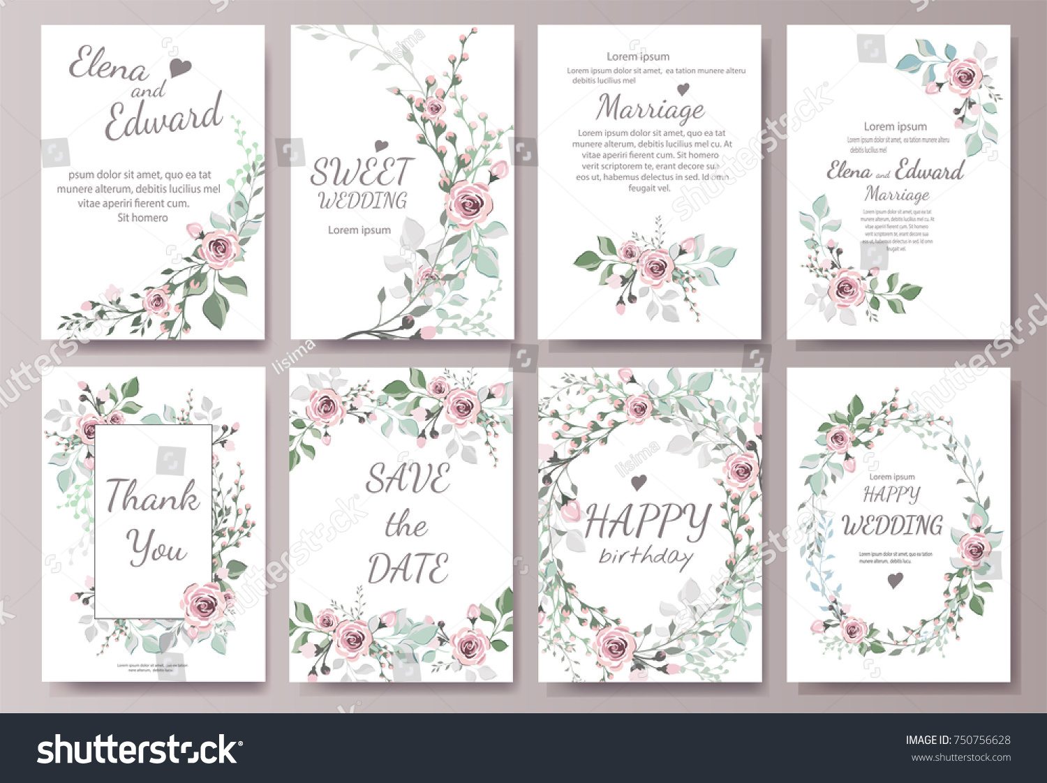 Set of card with flower rose, leaves. Wedding ornament concept. Floral magazine, poster, invite. Vector layout decorative greeting card or invitation design background #750756628