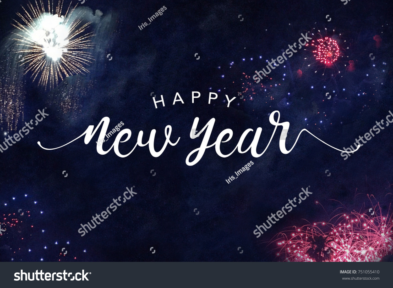 Happy New Year Typography with Fireworks in Night Sky #751055410