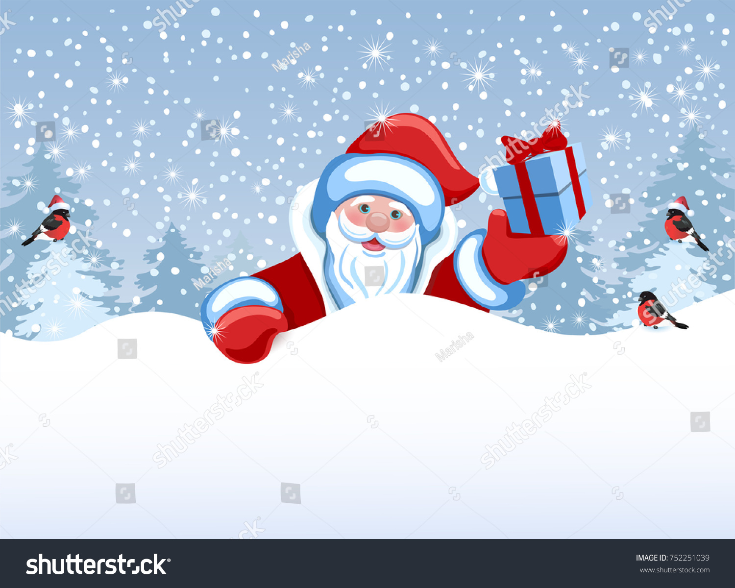 Santa Claus holds poster in the form of a snowdrift for advertise discounts, sales or an invitation to celebrate Christmas. Design of the New Year presentation. #752251039