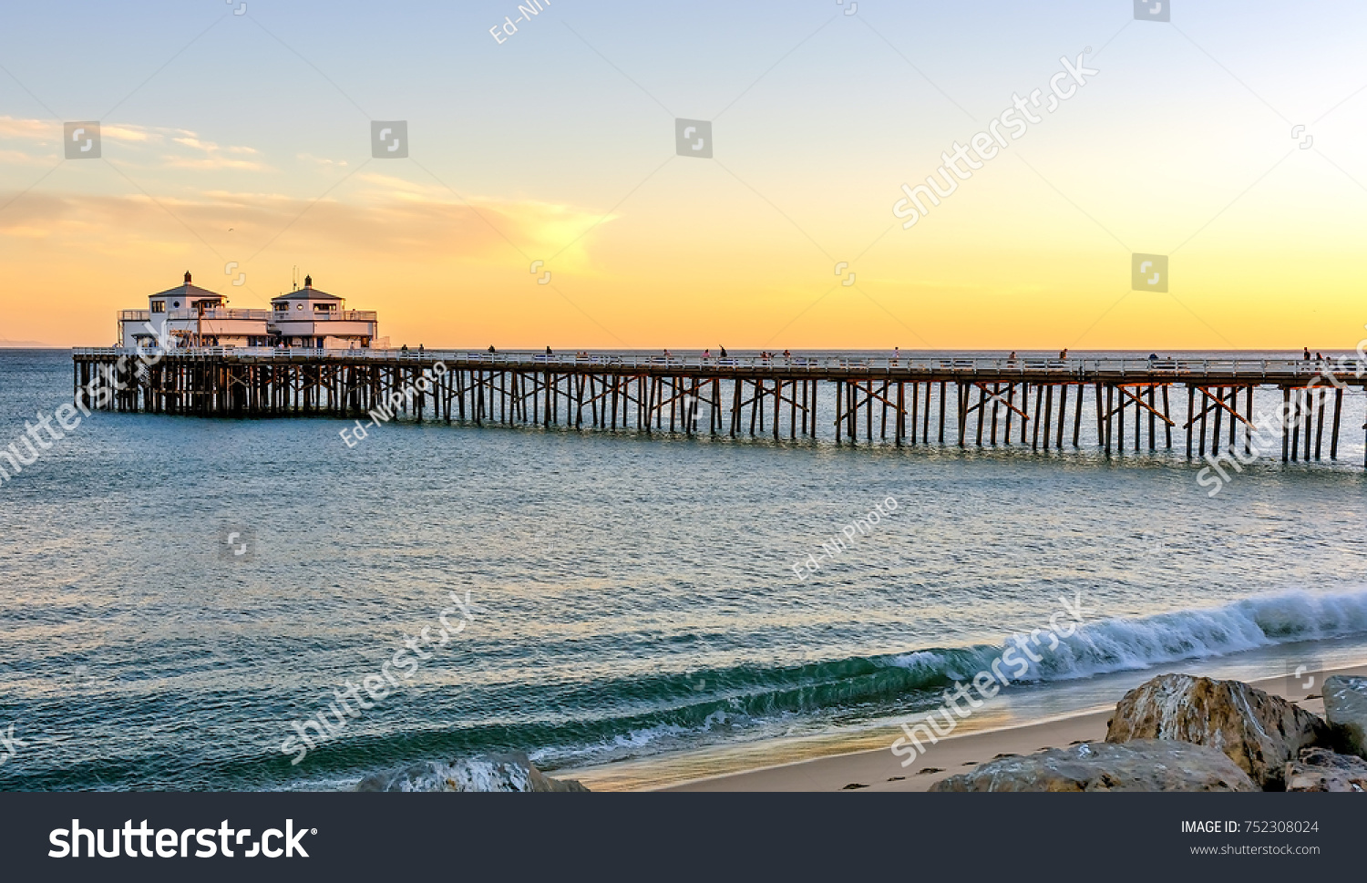 Sunset at Malibu pier and beach in Southern California #752308024