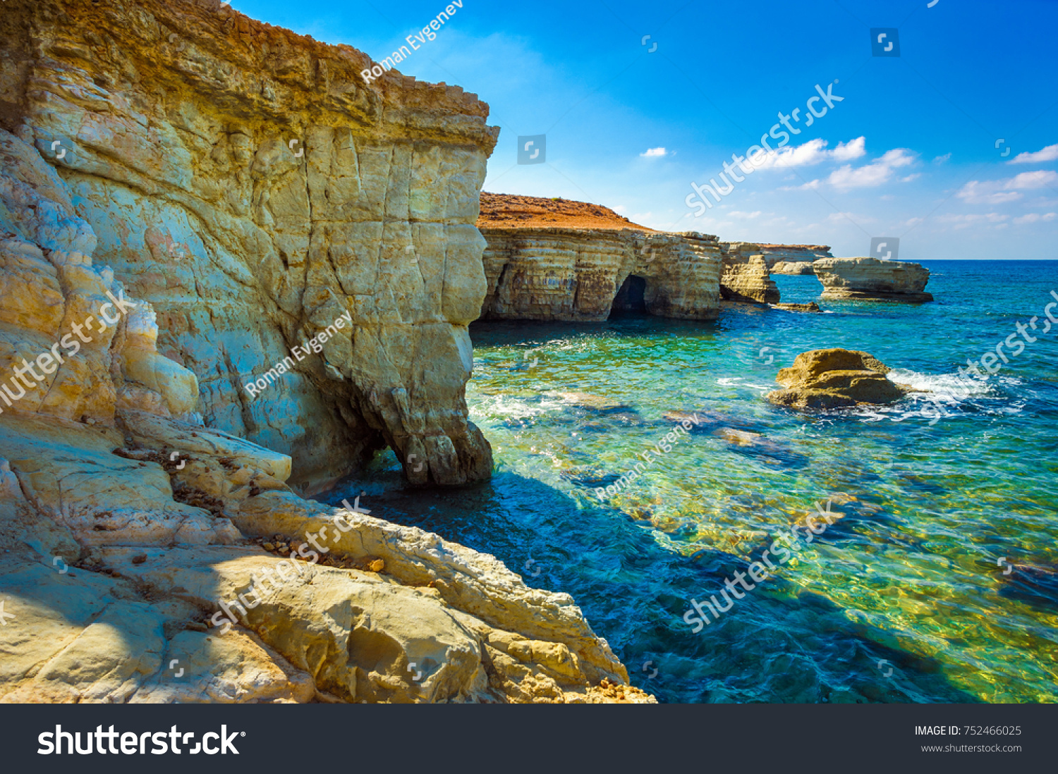 Sea caves on Coral bay coastline, Cyprus, Peyia, Paphos district #752466025