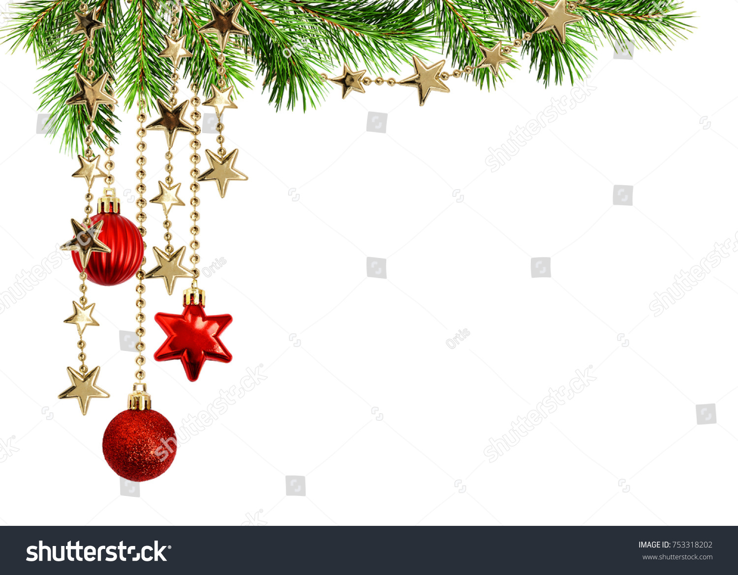 Christmas arrangement with green pine twigs and hanging red decorations isolated on white background #753318202