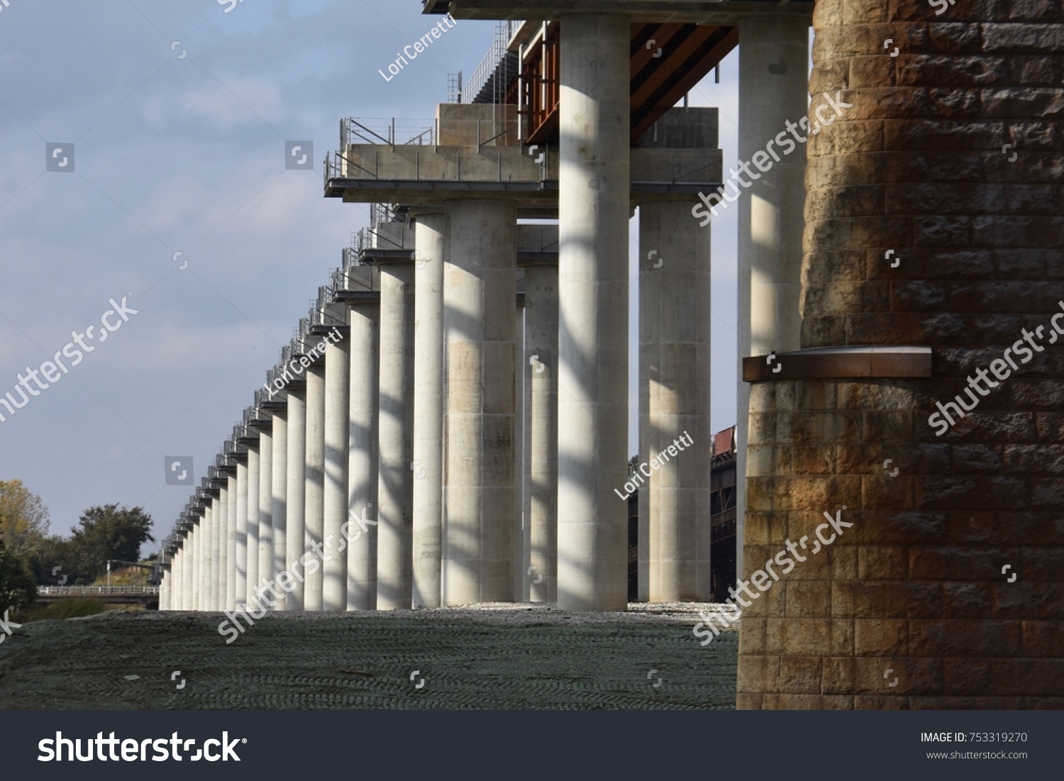 Repetitive pillars below bridge into the distance #753319270