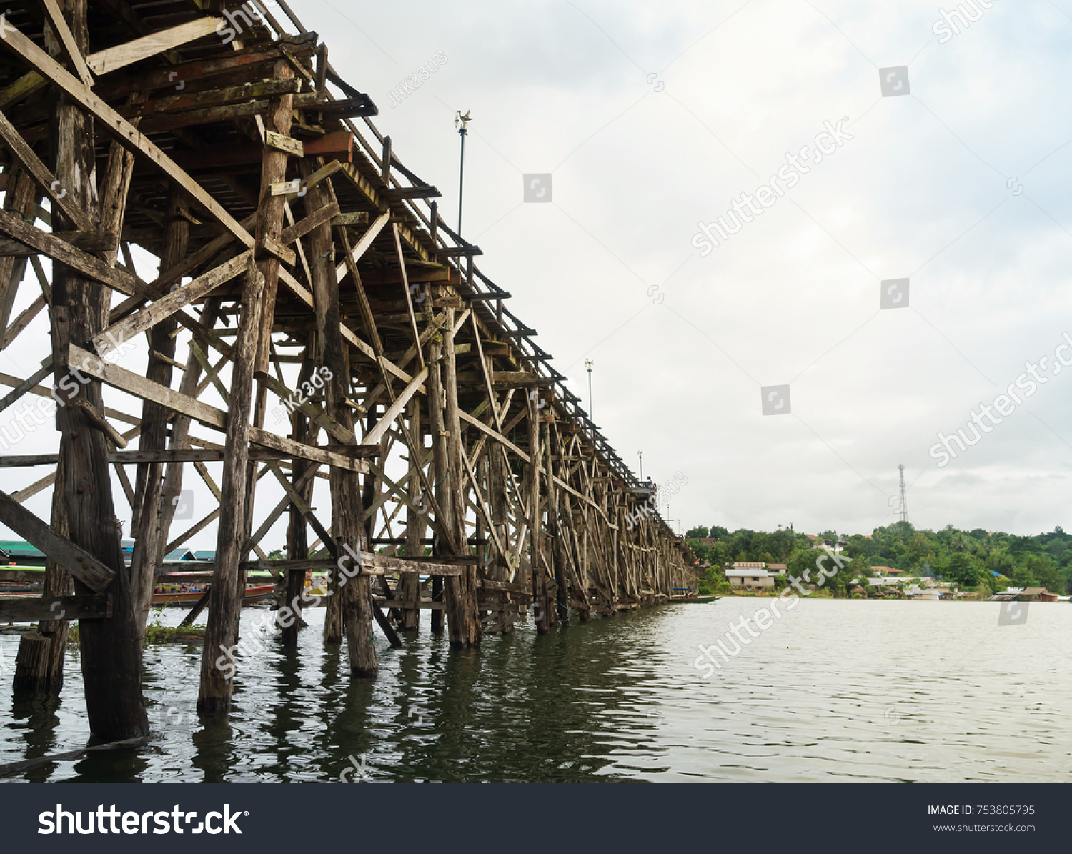 Landscape of The wooden bridge (Mon bridge) at Sangkhlaburi, Kanchanaburi,Thailand. It's the second longest wooden bridge in the world.
 #753805795