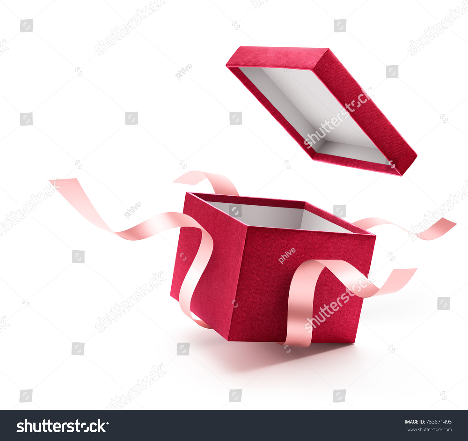 Red open gift box with ribbon isolated on white background #753871495