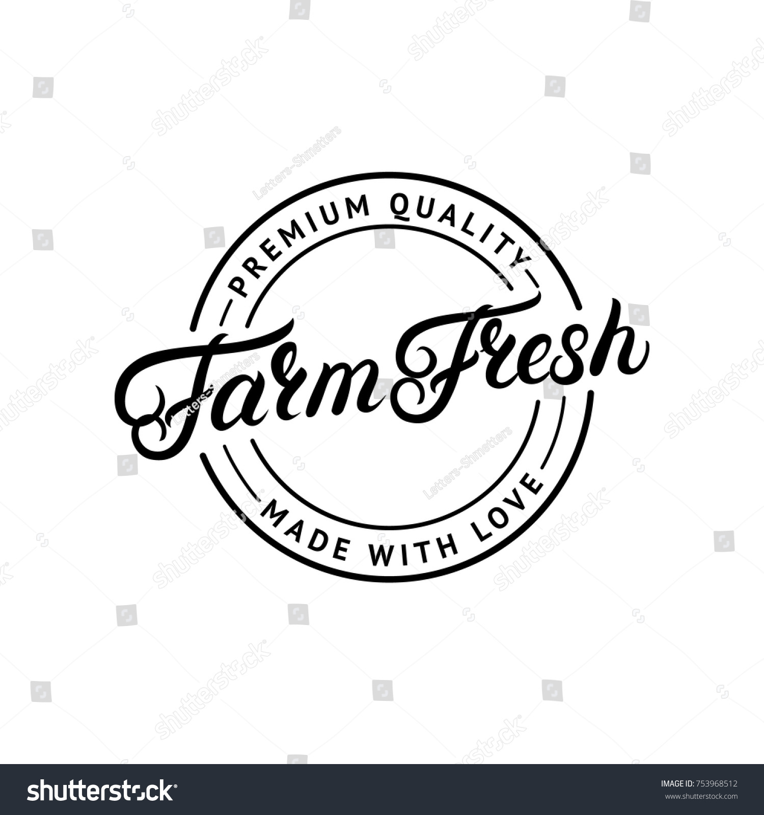 Farm Fresh hand written lettering logo, label, badge, emblem for organic food, products packaging, farmer market. Vintage retro style. Calligraphic inscription. Isolated. Vector illustration. #753968512