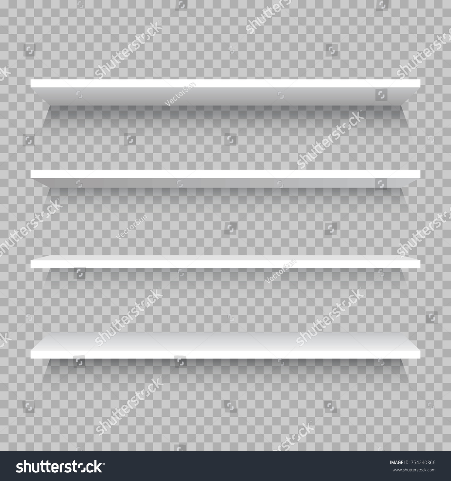 Empty white shop shelf, retail shelves from plywood frame. Realistic vector bookshelf rectangle, 3d store wall display illustration on checkered background #754240366