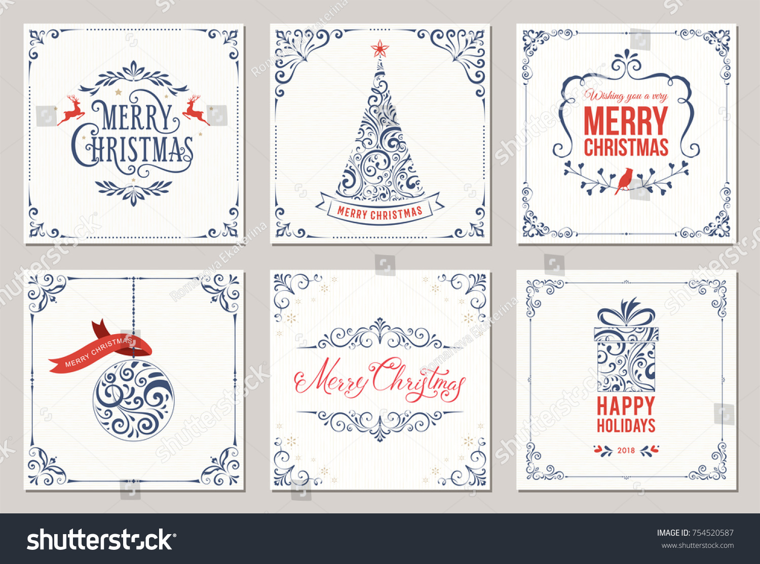 Ornate square winter holidays greeting cards with New Year tree, gift box, Christmas ornaments, swirl frames and typographic design. Vector illustration. #754520587