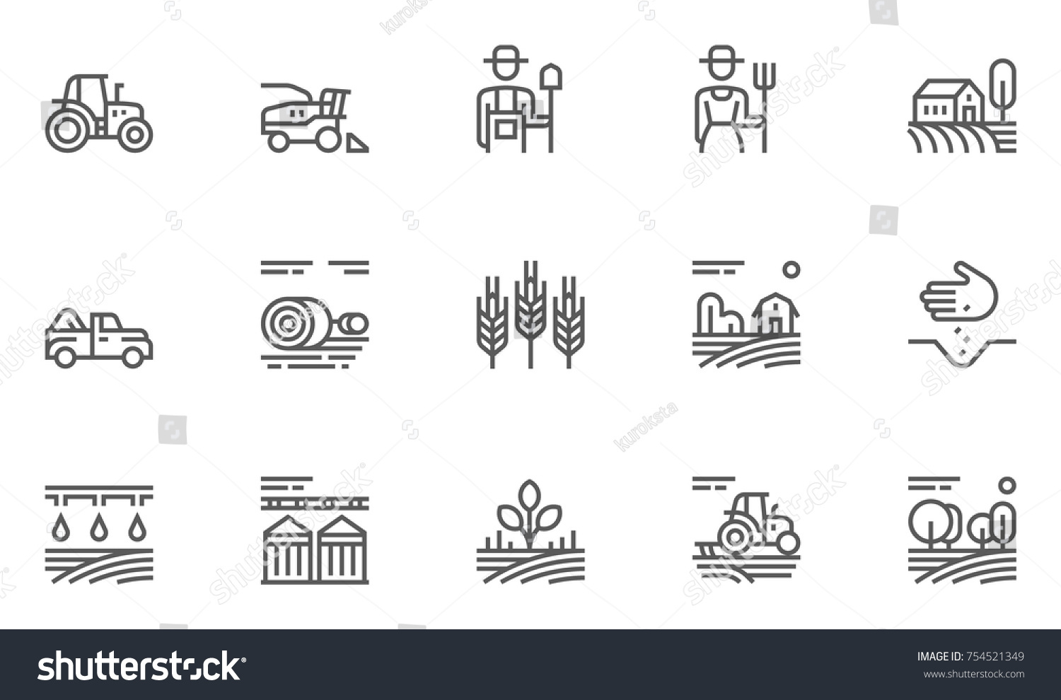 Set of Agriculture and Farming Line Icons. Contains such Icons Harvester trucks, tractors, farmers and village farm buildings. Editable Stroke. 48x48 Pixel Perfect. #754521349
